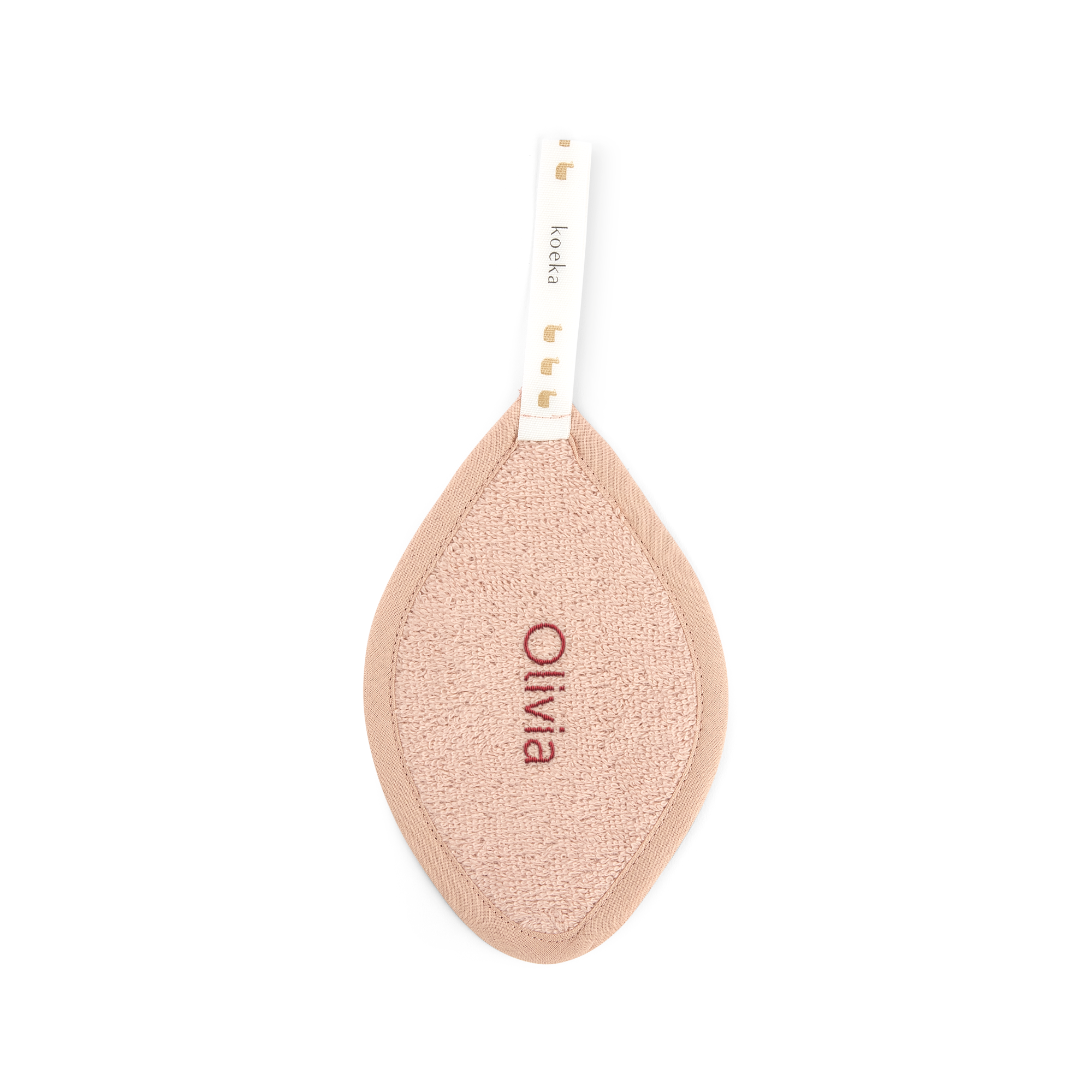 Paño sostenedor de chupete Koeka rosa con nombre Olivia bordado.