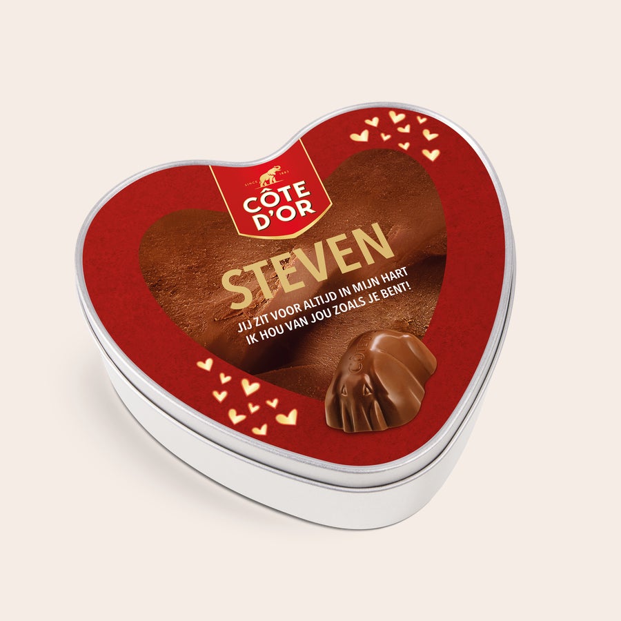 Cadeaublik bedrukken - Mini Bouchée Côte d’Or Mini Bouchée Chocolade Box met naam - Hart met een chocolade deksel gepersonaliseerd met de naam "STEVEN" en een lieve tekst.