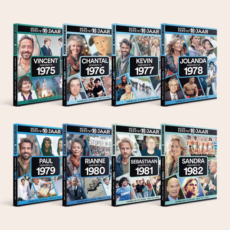 Geboortejaar boek - Mijn eerste 18 jaar Een collectie van gepersonaliseerde boeken "Mijn Eerste 18 Jaar", elk met de naam en geboortejaar van de ontvanger, voor een trip down memory lane.