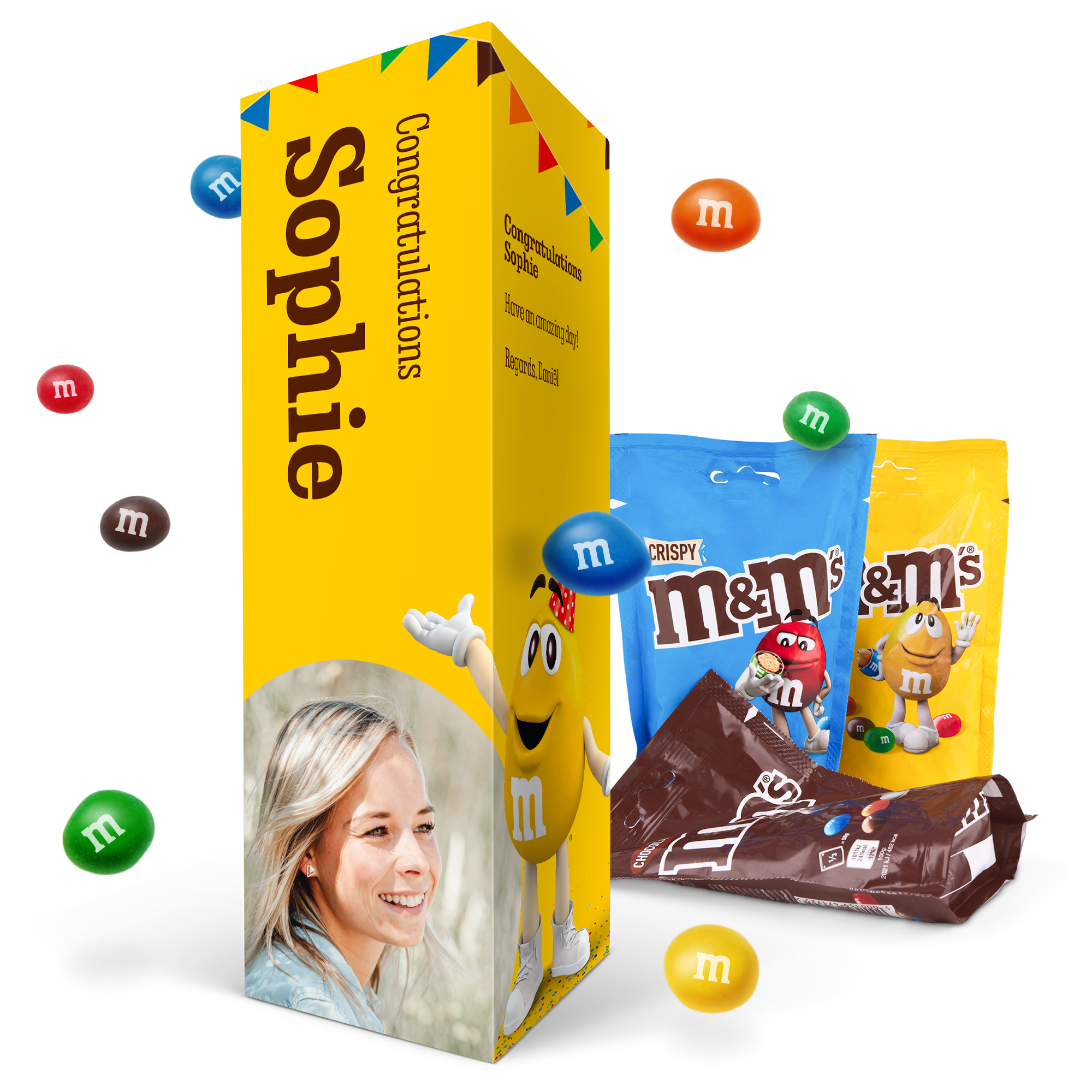 Yllätä läheisesi yksilöllisellä M&M:n lahjapakkauksella, painettu kuvalla ja viestillä Sophie