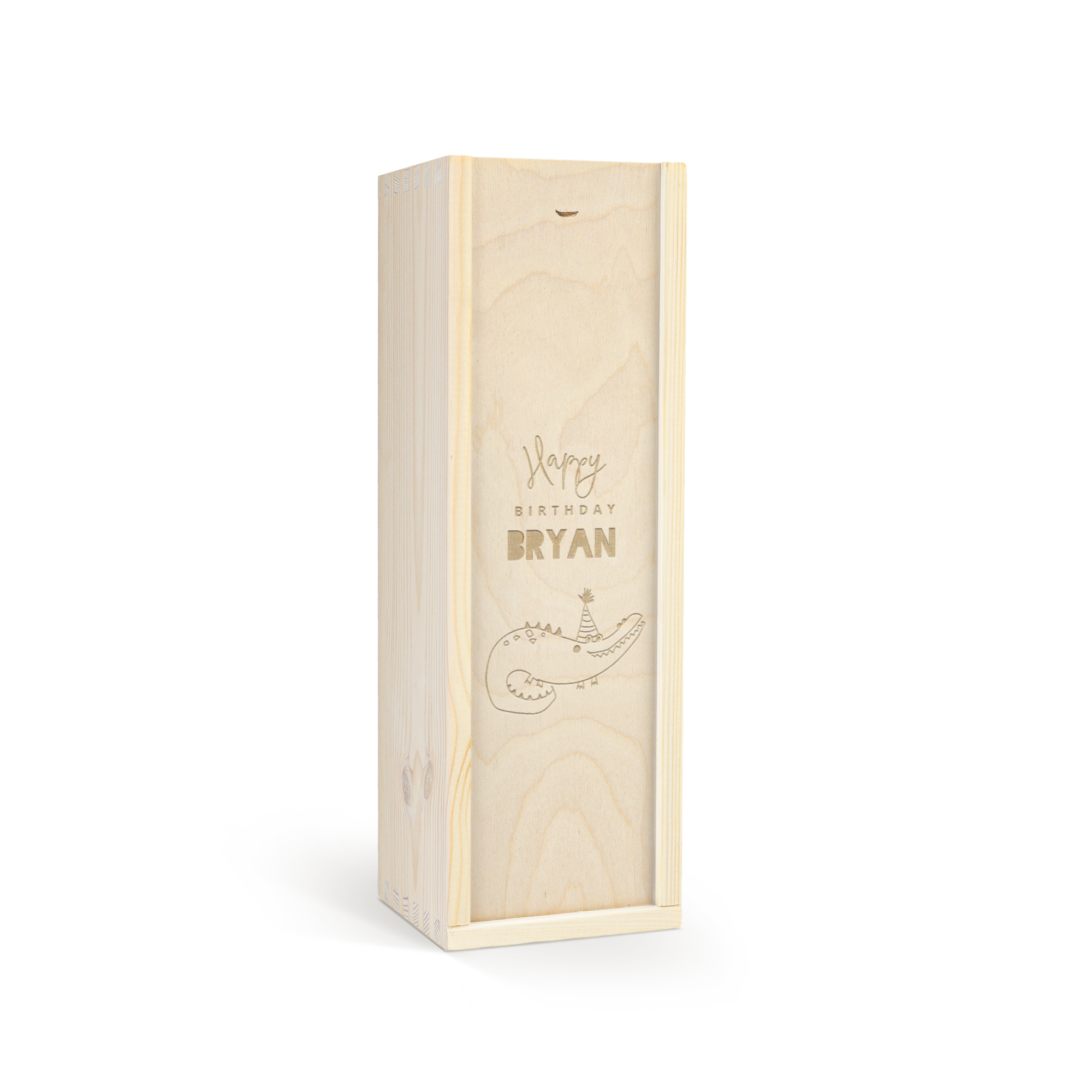 Personalized non-alcoholic children's champagne in an engraved wooden box with a crocodile design and Happy Birthday Bryan text