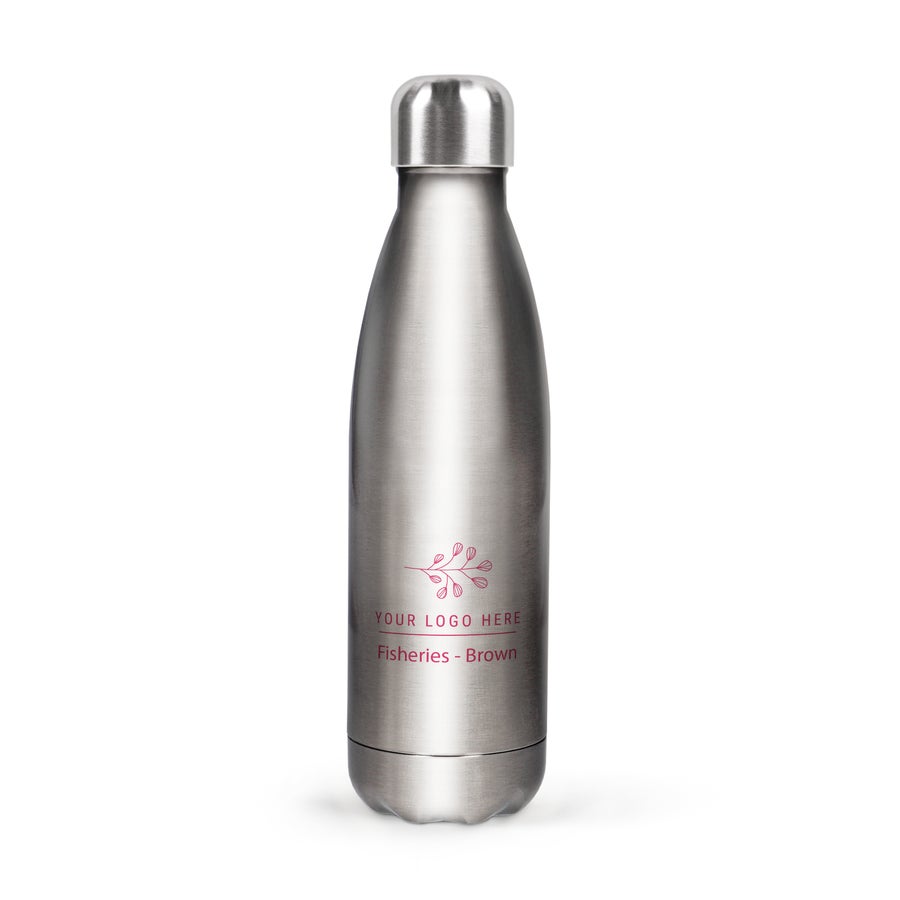 Borraccia per Acqua Bottiglia termica personalizzata in acciaio, incisa con un logo floreale e il testo "YOUR LOGO HERE Fisheries - Brown"