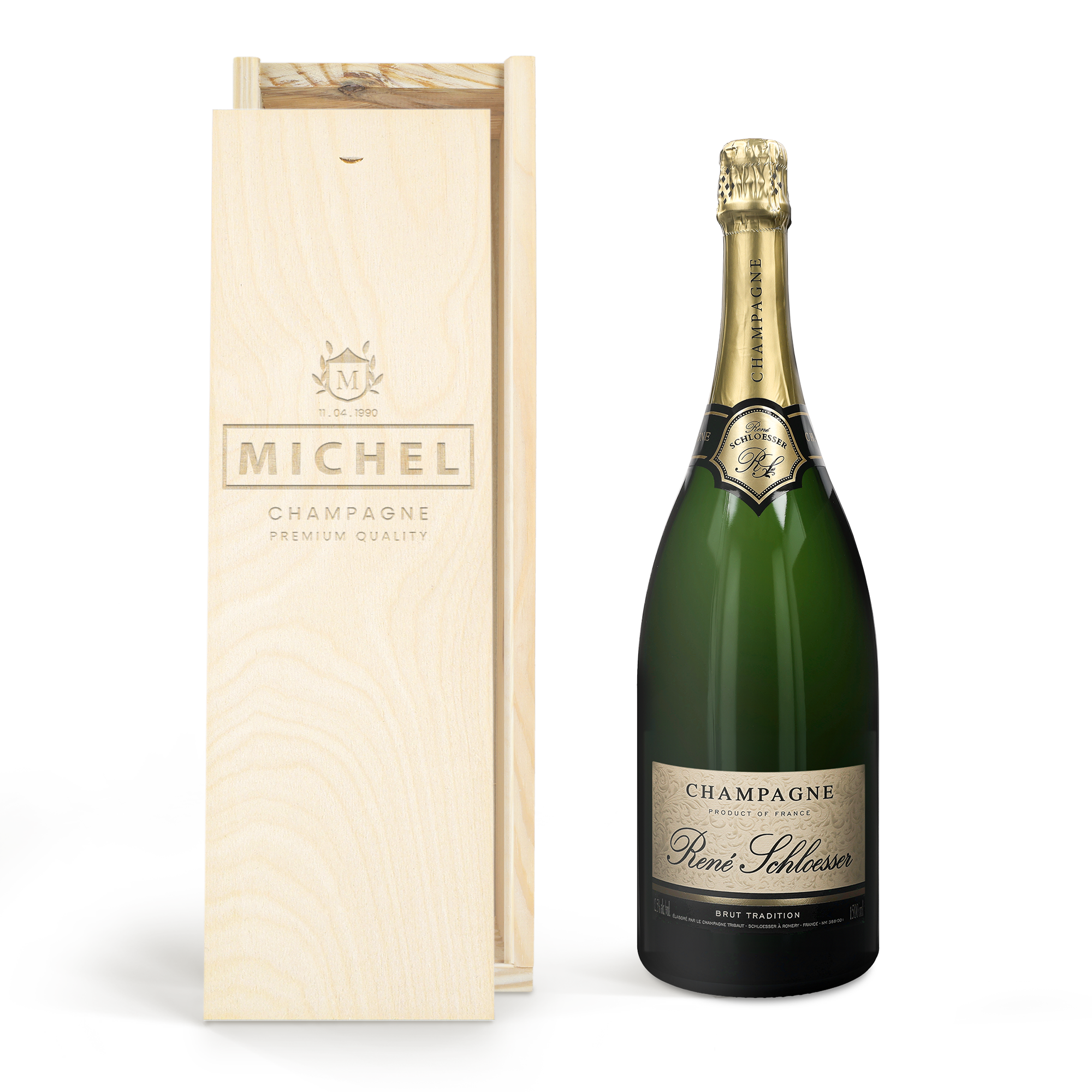 Personalised champagne gift - René Schloesser Magnum - Engraved wooden case