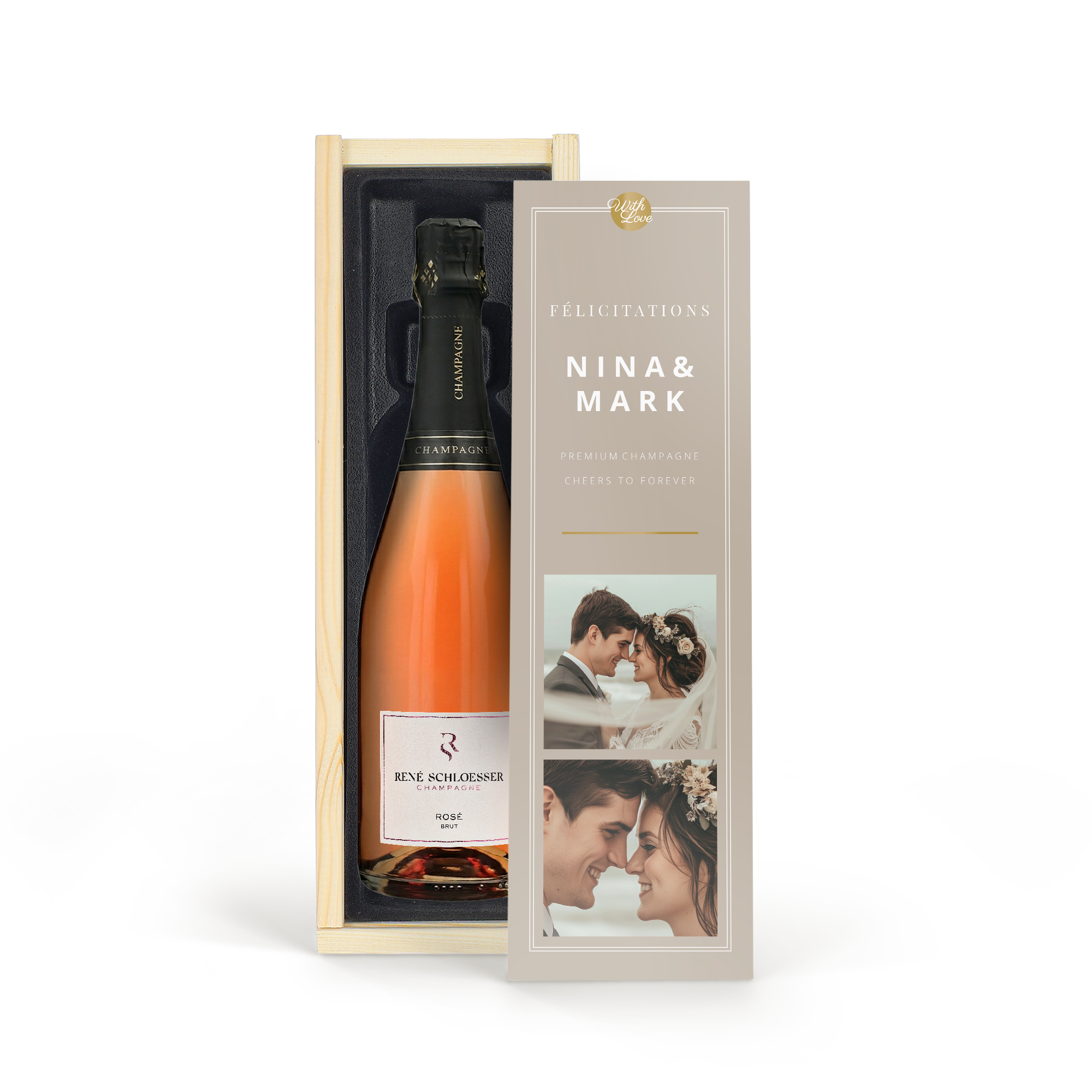 Coffret Champagne rosé René Schloesser (750ml) avec couvercle imprimé personnalisé de photos Nina et Mark