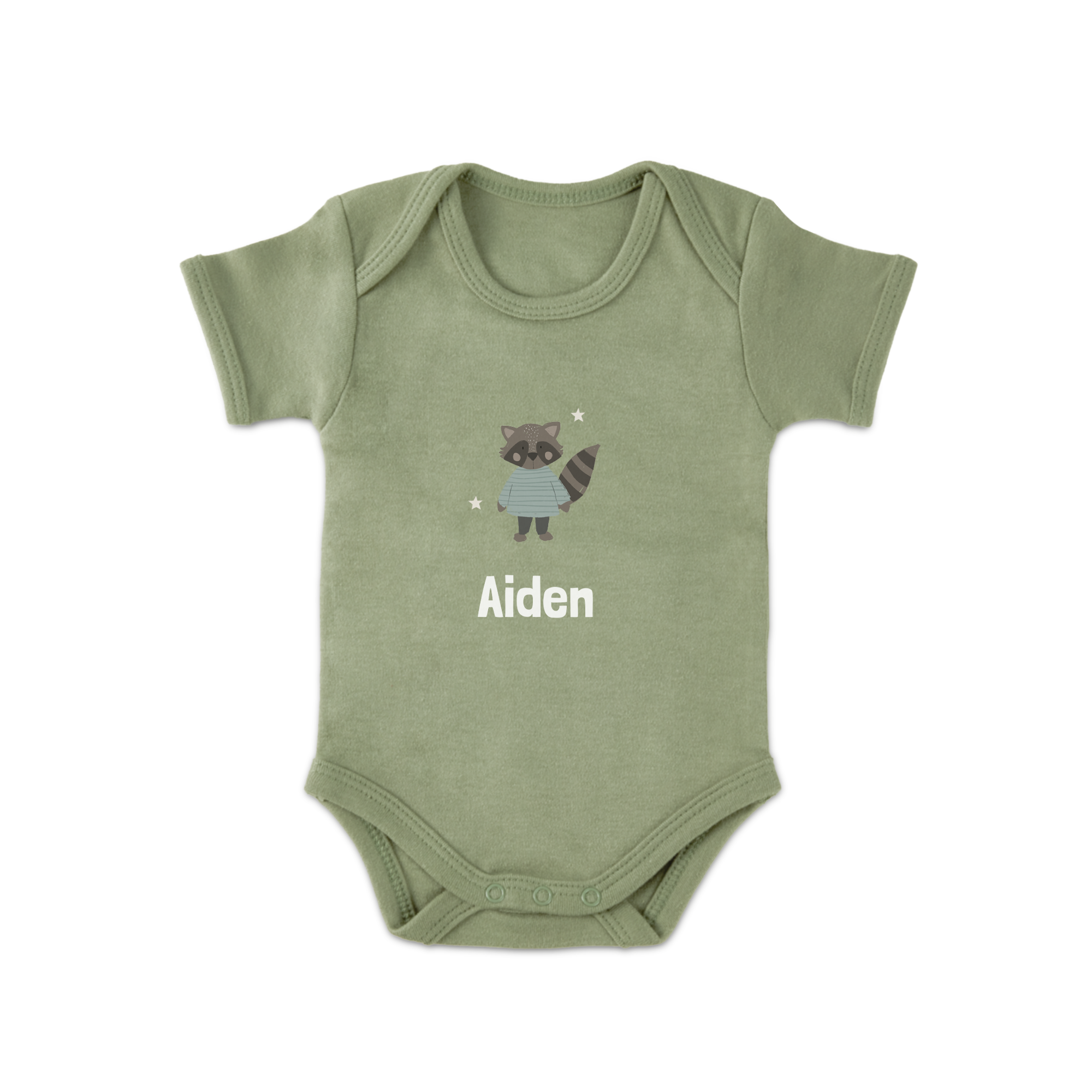 Grønn babyromper med vaskebjørntrykk og hvitt navn "Aiden", design din egen personlig tilpassede babyromper.