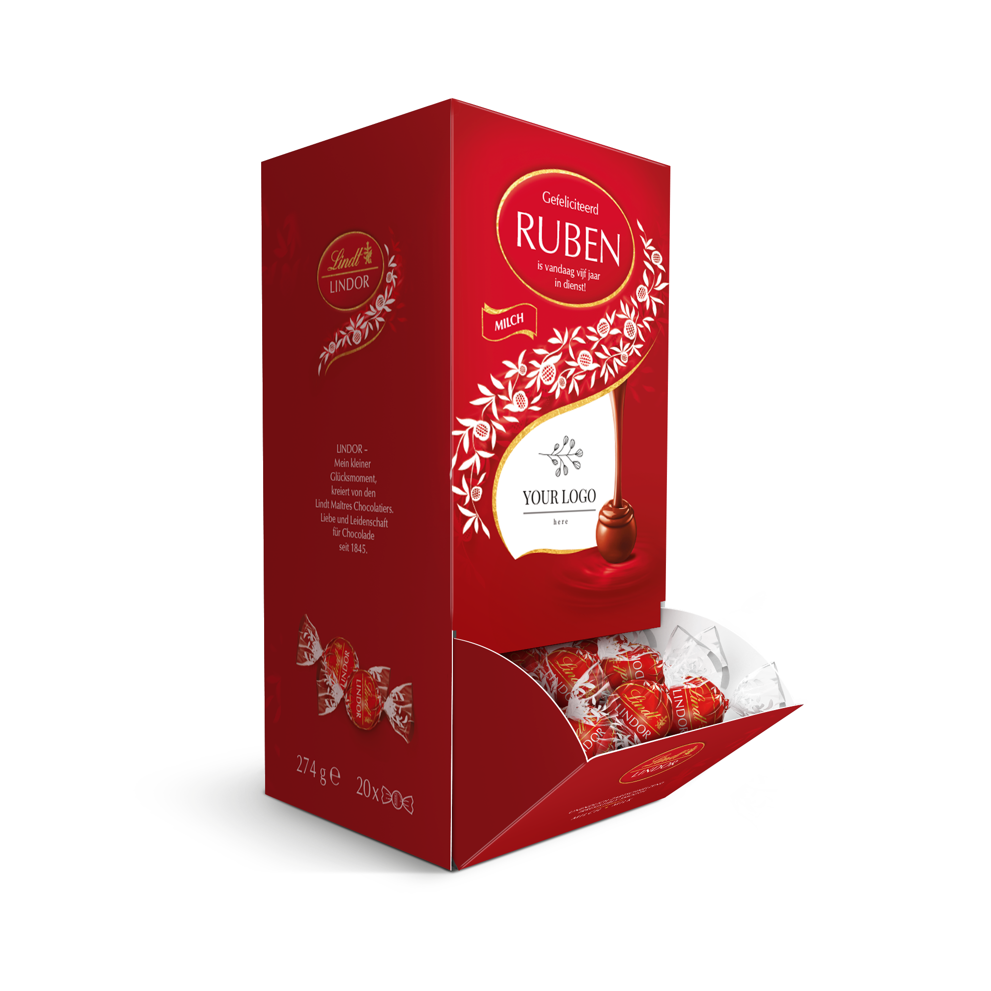 Rode Lindt Milk Dispenser bedrukt met de naam Ruben en logo, gevuld met Lindor pralines.