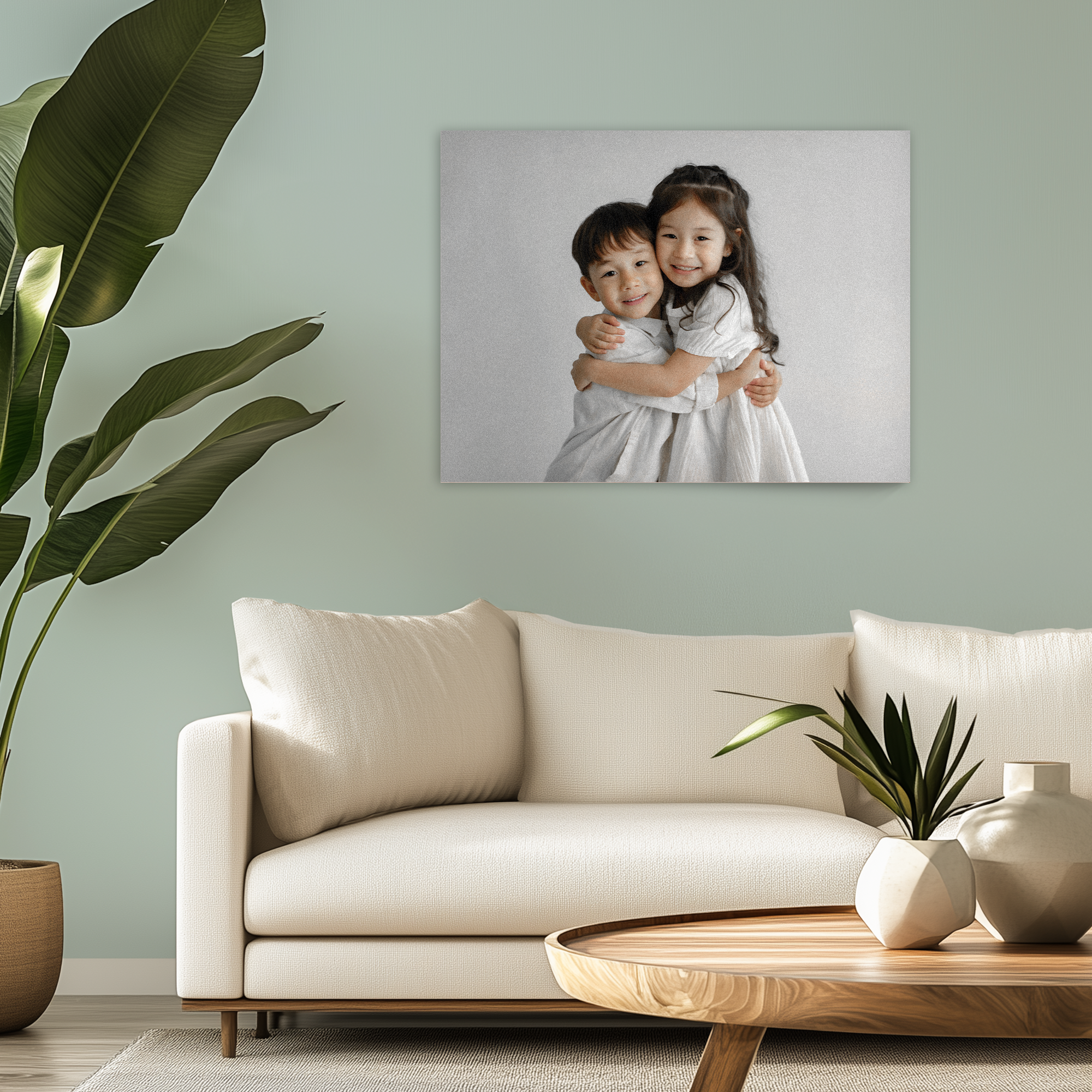 Foto på træ med to smilende børn omfavner hinanden, trykt på træ med en whitewash finish til et unikt print.