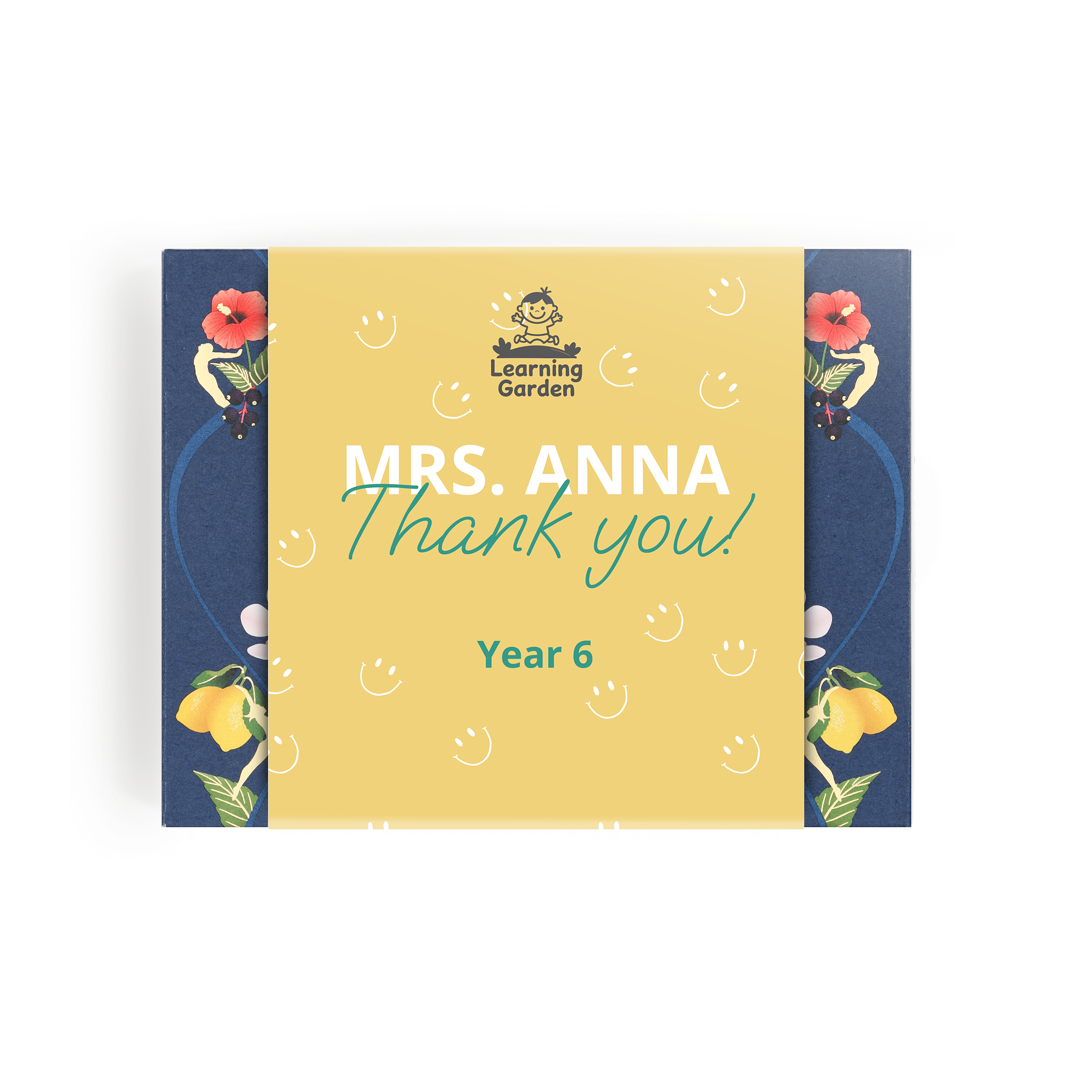 Personalized tea box with "Mrs. Anna Thank you! Year 6" printed on a yellow background, featuring a floral border. Their Personal Tea Sanctuary Awaits.