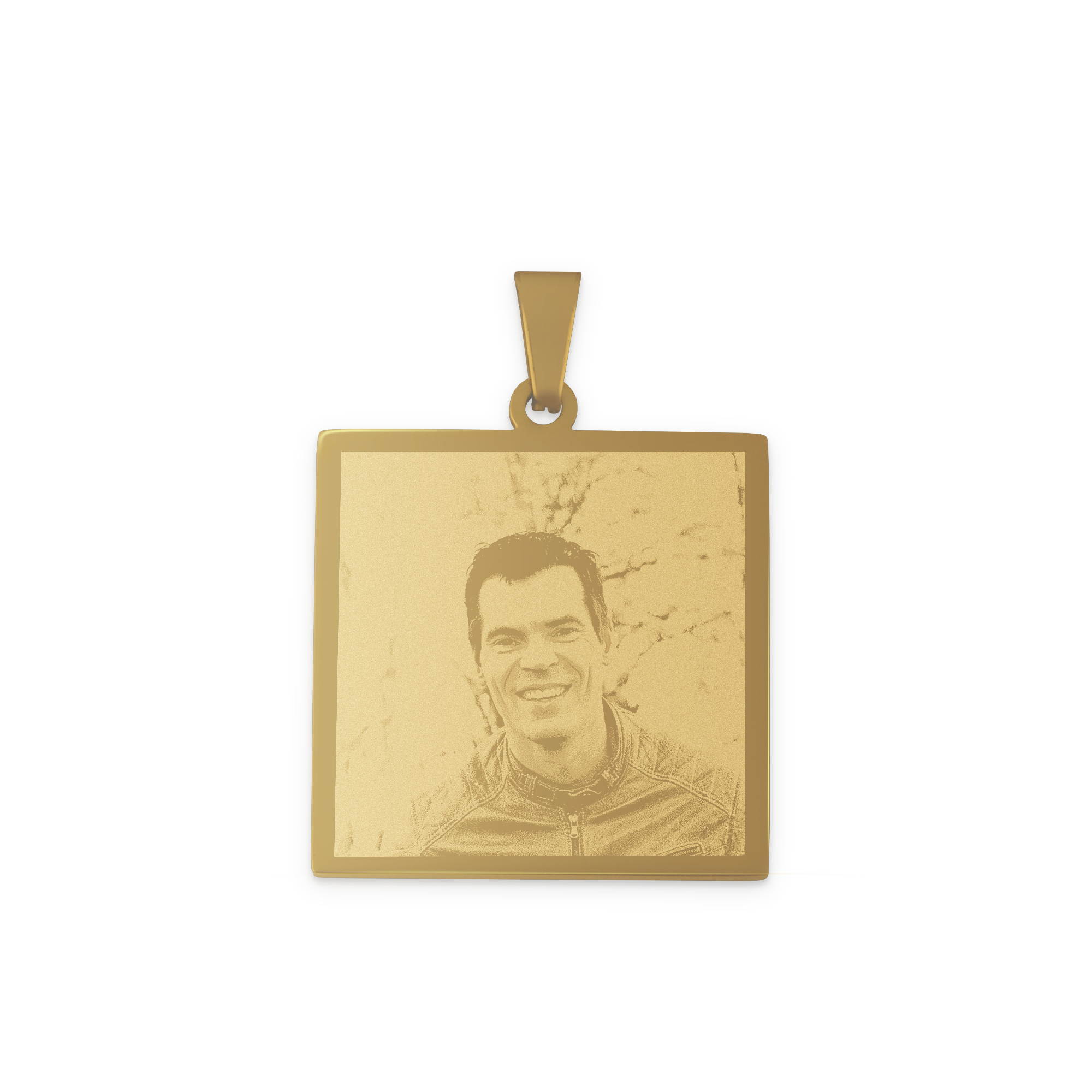 Pendentif carré doré avec photo de jeune homme souriant, un pendentif gravé avec votre propre photo.