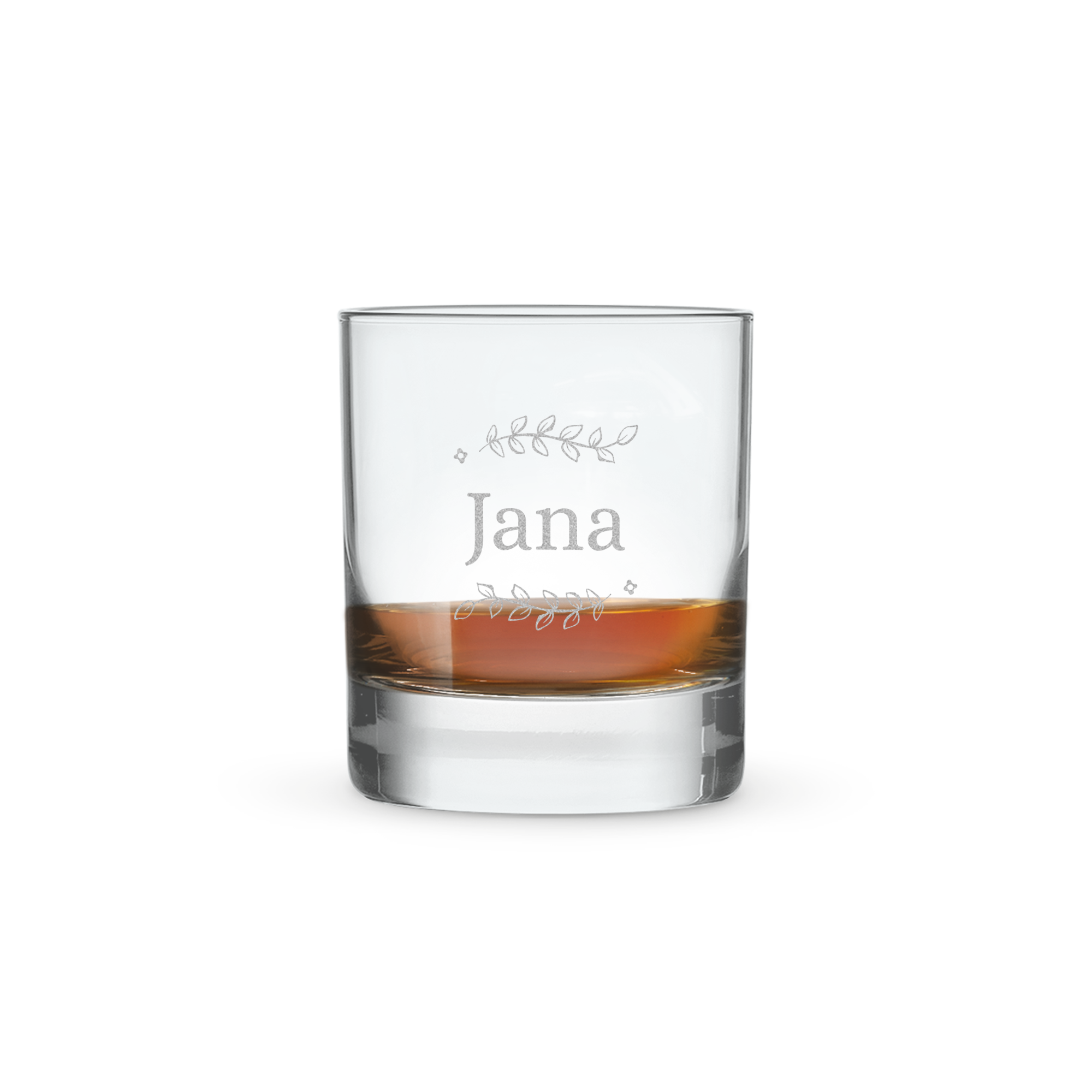 Whiskyliebhaber aufgepasst: ein edles Whisky Glas mit dem gravierten Namen "Jana" in blattverziertem Design