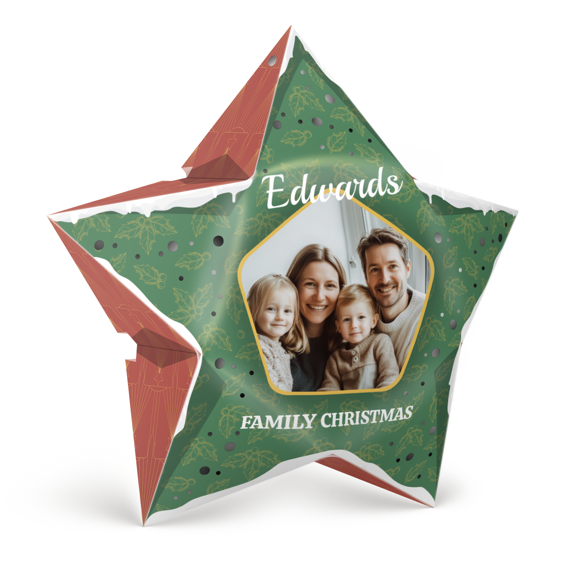 Estrela de Natal verde com estampa de azevinho, foto impressa de família, nome Edwards e mensagem Family Christmas. Ilumine as festas com um toque pessoal