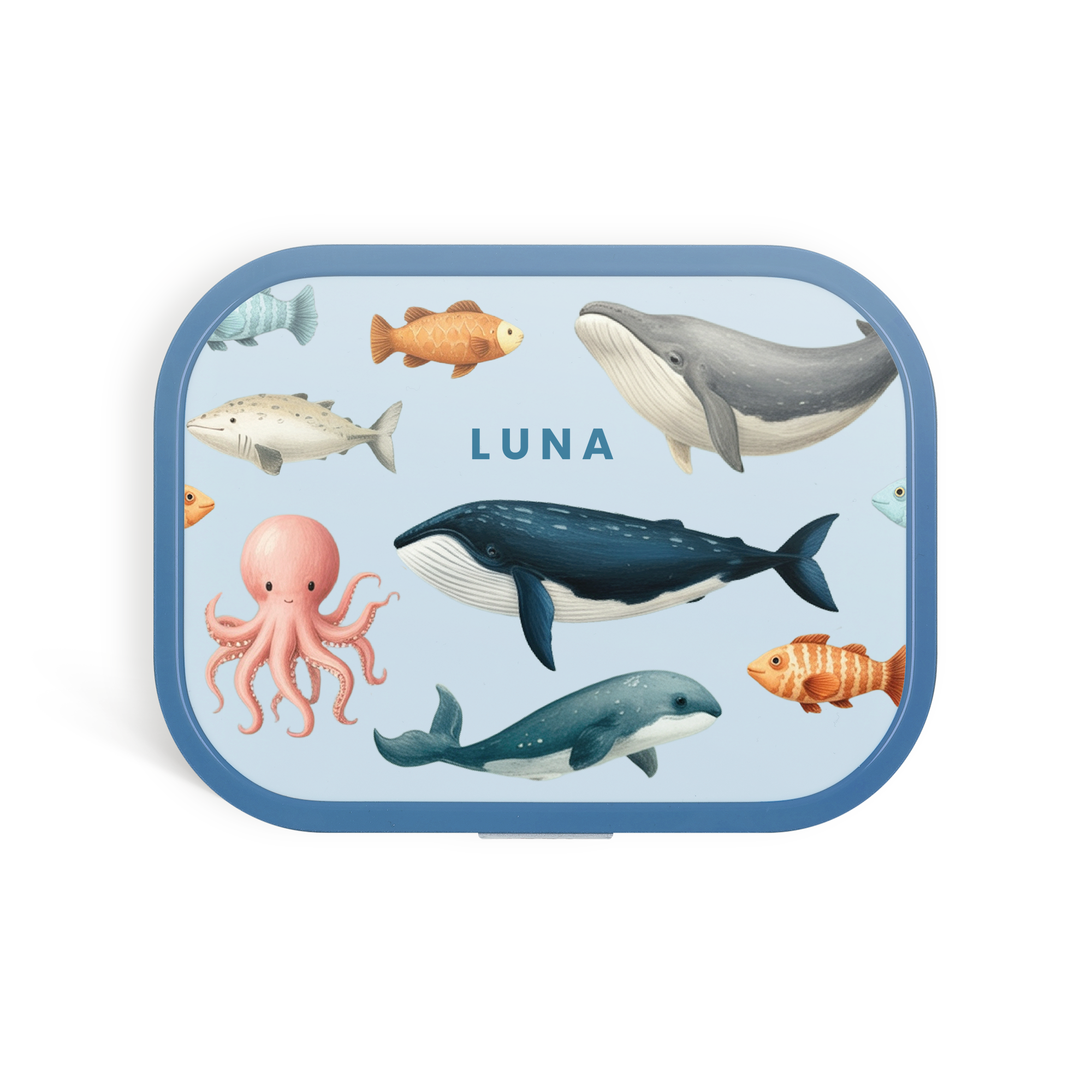 Personoitu Mepal-eväsrasia mereneläväkuvioinnilla ja painetulla nimellä LUNA, täydellinen lounasajalle.