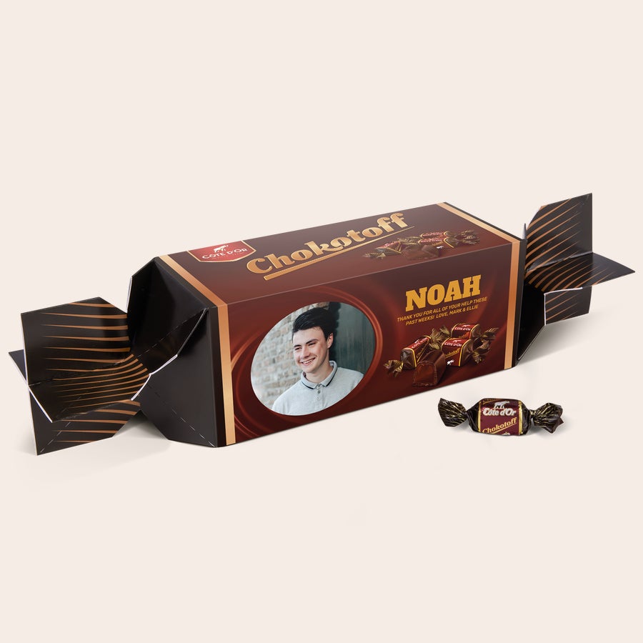 Personalizovaný dárek Chokotoff XXL Chokotoff čokoláda s fotografií a jménem Noah, personalizovaná s textem poděkování