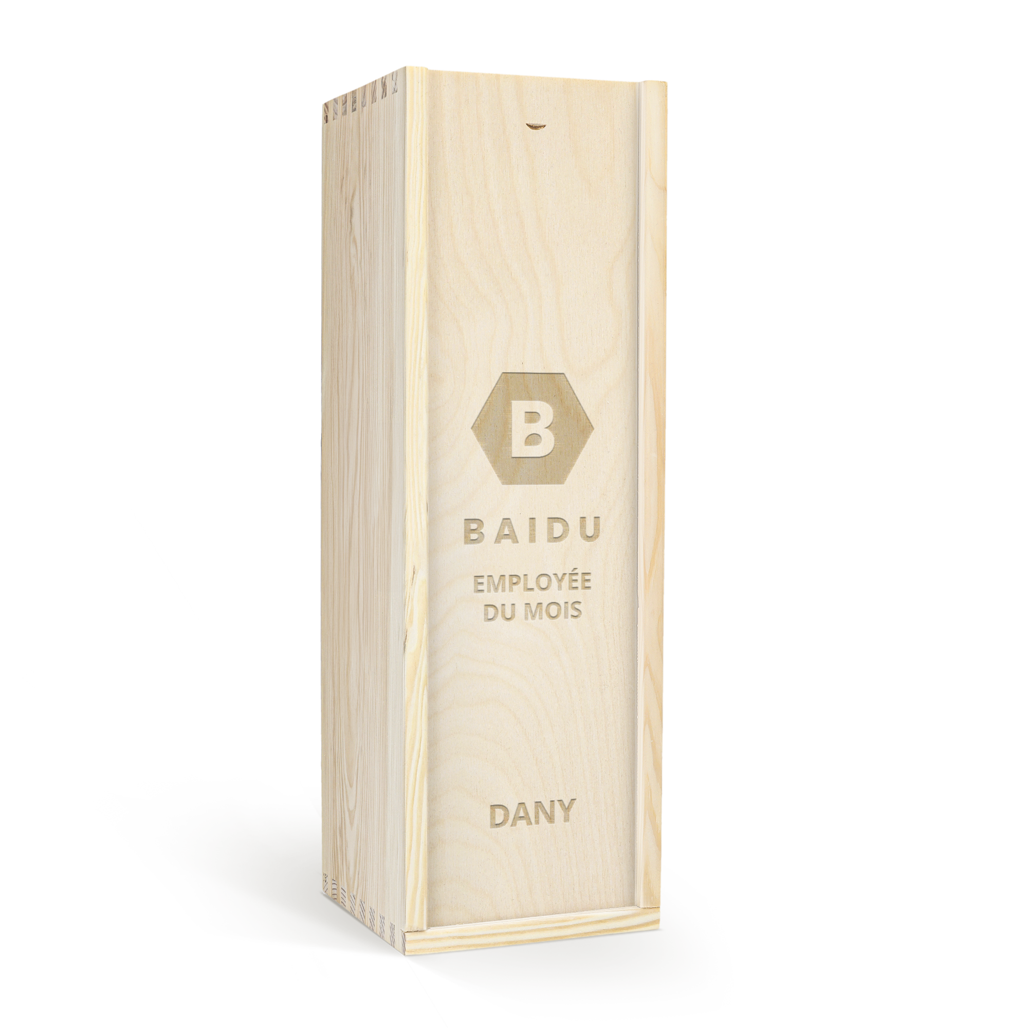 Coffret en bois gravé avec bouteille Amaretto Disaronno, personnalisé avec le texte Baidu employé du mois et Dany