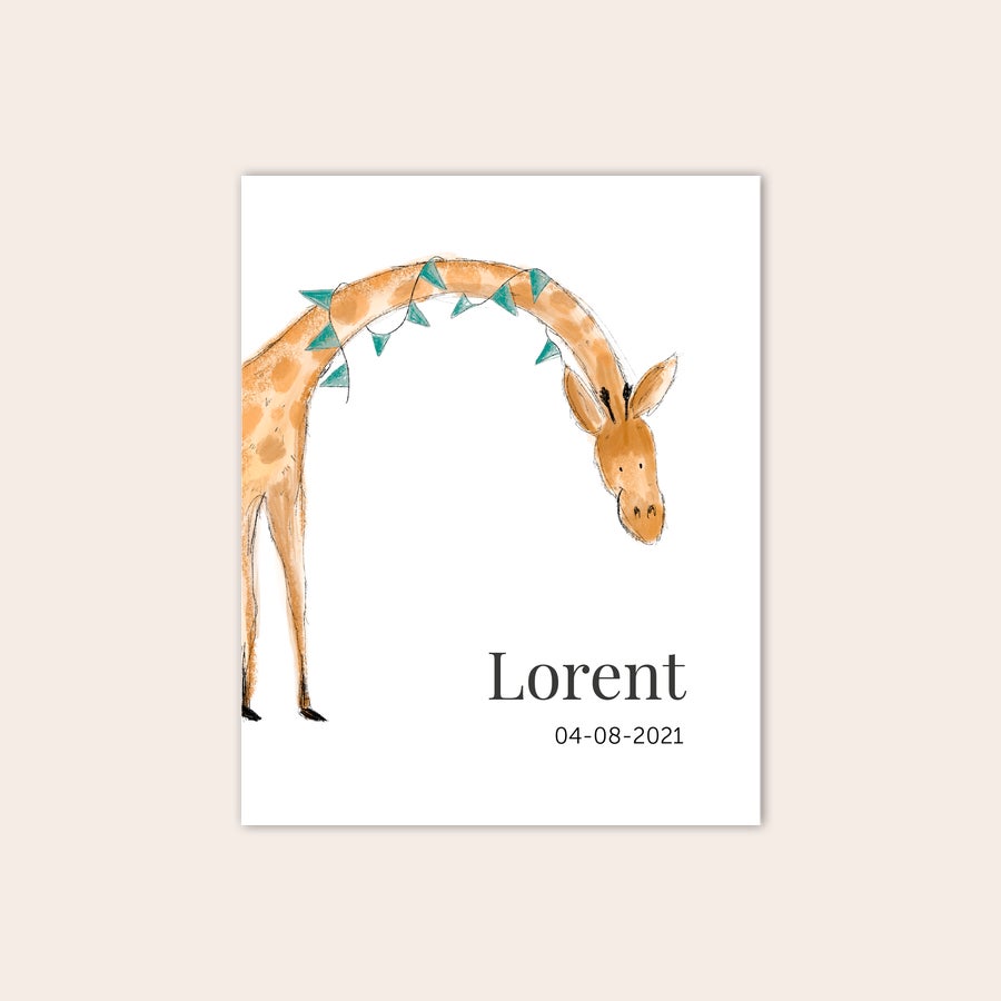 Affiche année de naissance Poster chambre bebe imprime avec illustration girafe et prenom LORENT et date 04-08-2021
