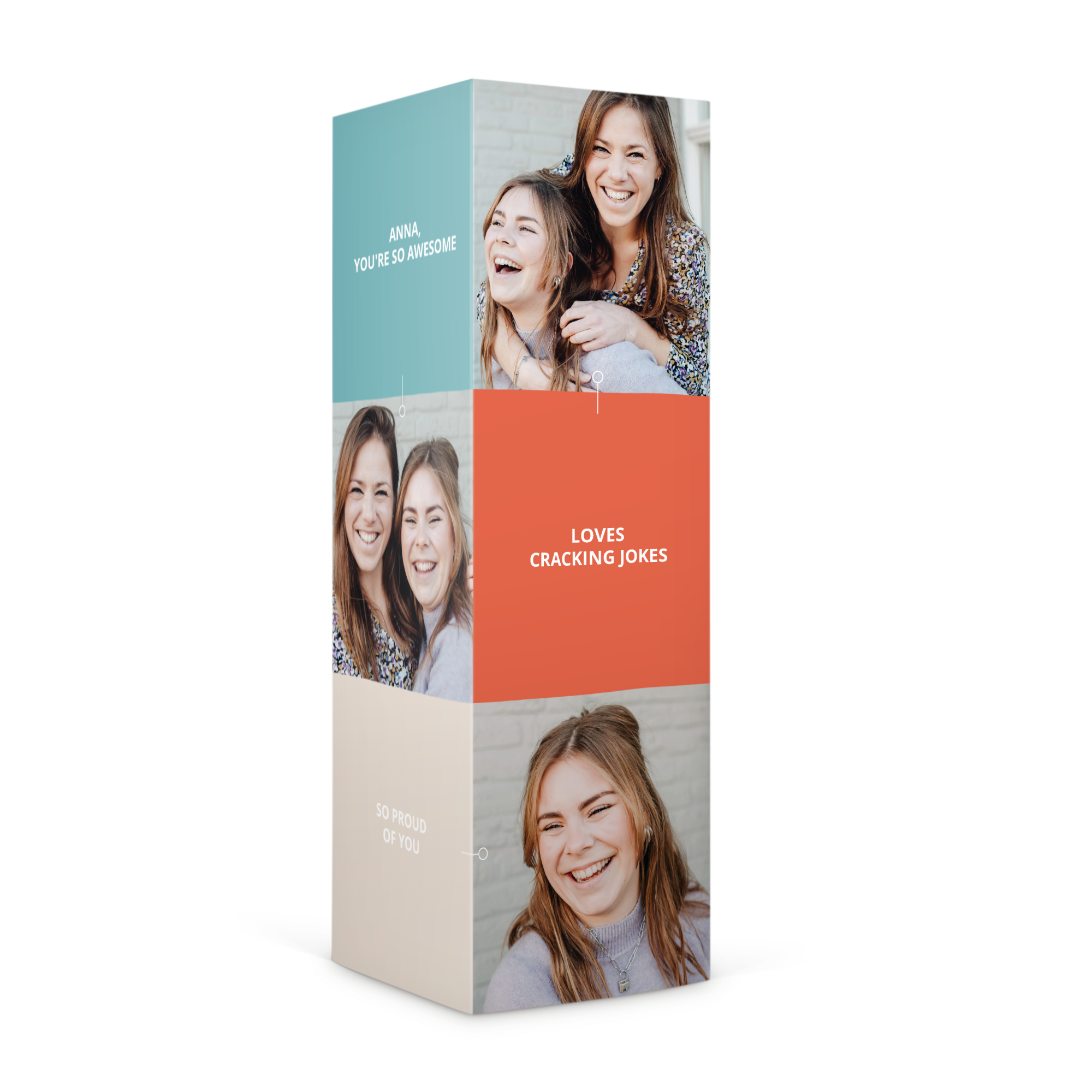 Caja de regalo de dulces Haribo personalizada con fotos de dos mujeres sonriendo e impresiones de texto.