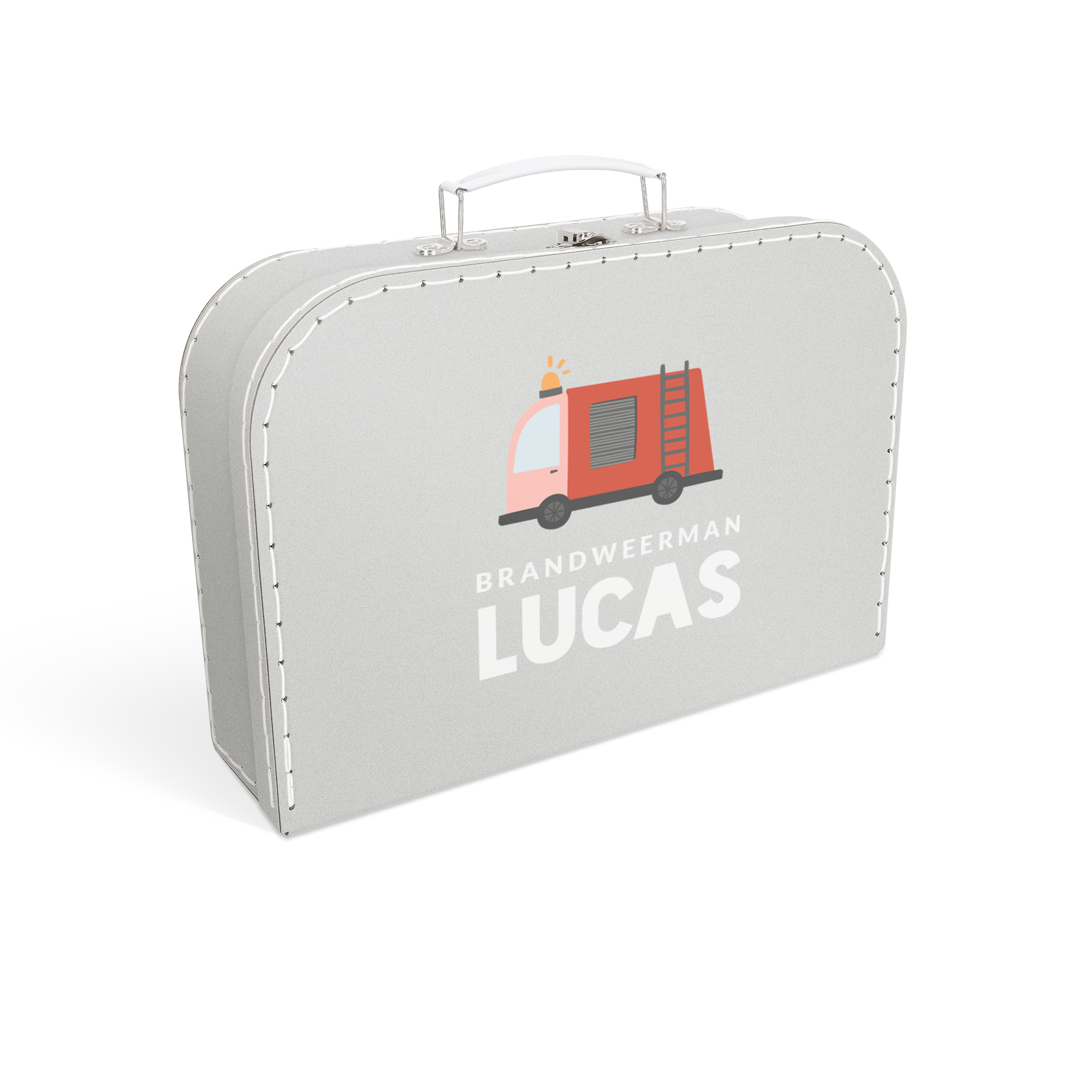 Lichtgrijze bedrukte kinderkoffer met brandweerwagen, de naam Lucas en de tekst 'BRANDWEERMAN'