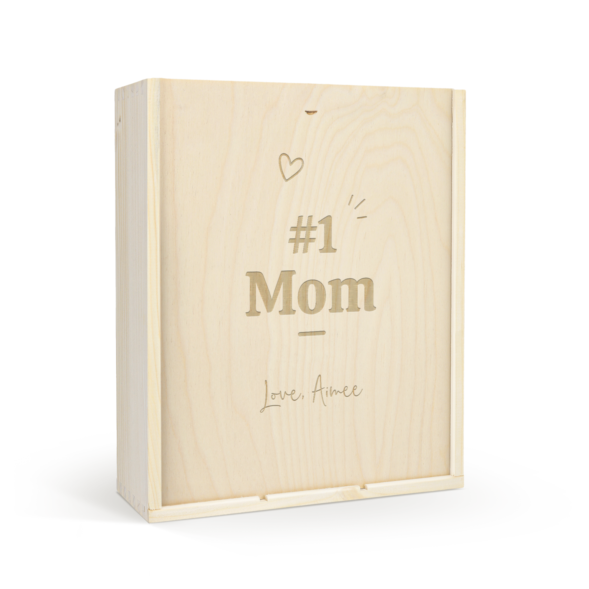 Luxusní dřevěné pouzdro s rytím #1 Mom a Love, Aimee, s prostorem pro láhev a 2 sklenice na víno