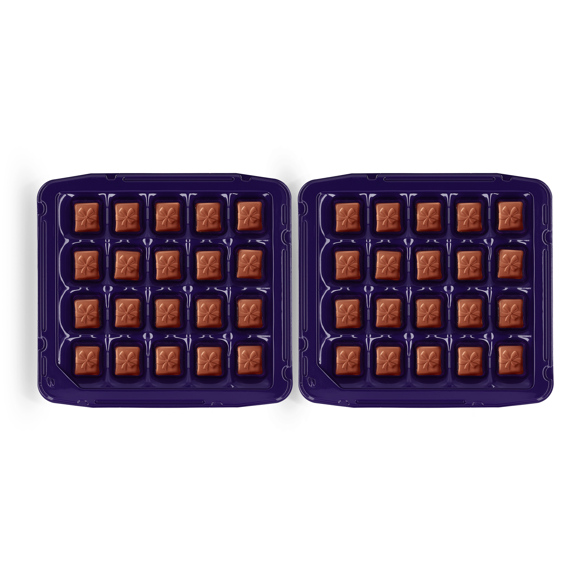 Due confezioni blu scuro con praline quadrate Milka al cioccolato al latte a forma di regalo. Augura un buon compleanno con un regalo di cioccolato Milka personalizzato.
