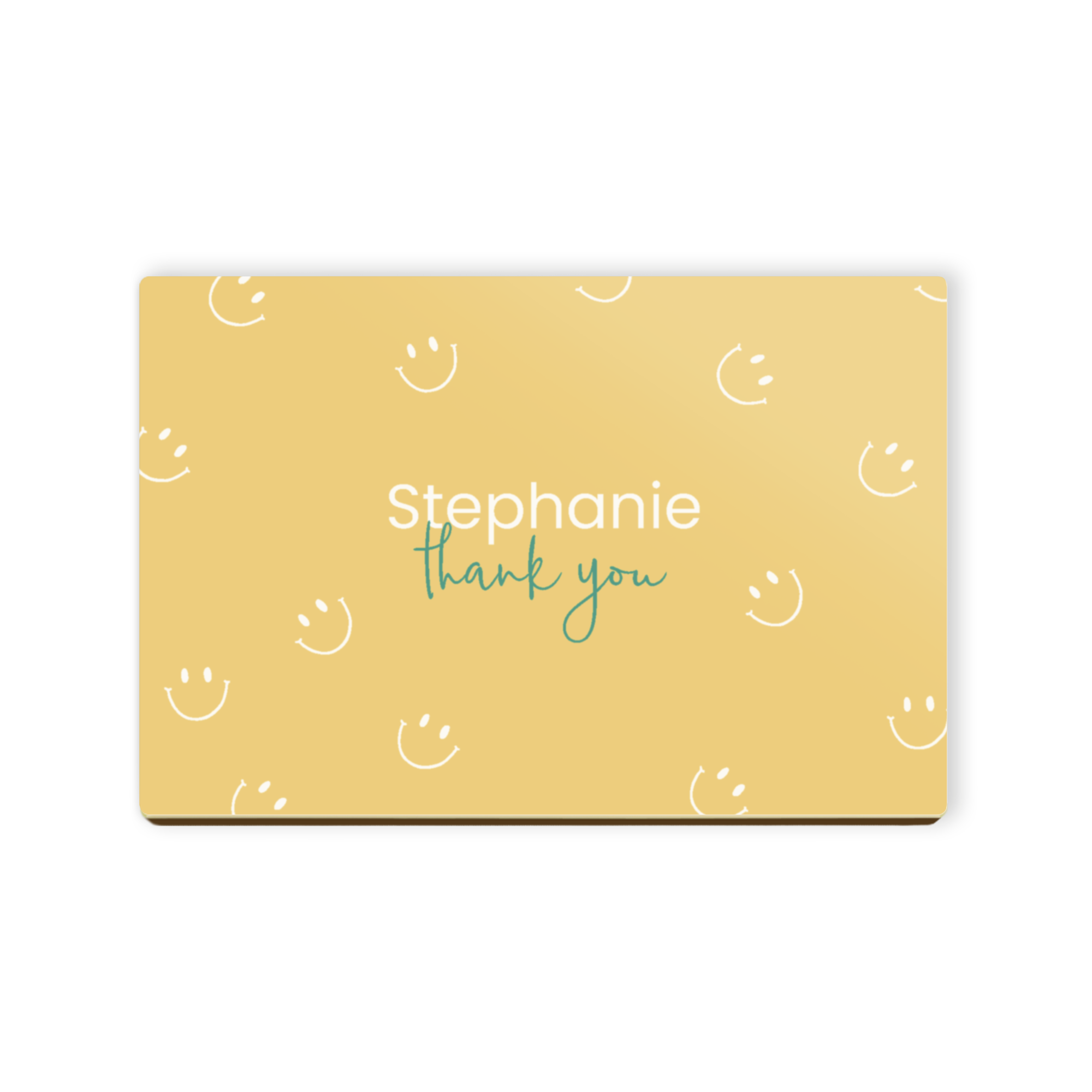 Custom Callebaut photo on chocolate with a yellow smiley face pattern and personalized with the text Stephanie thank you