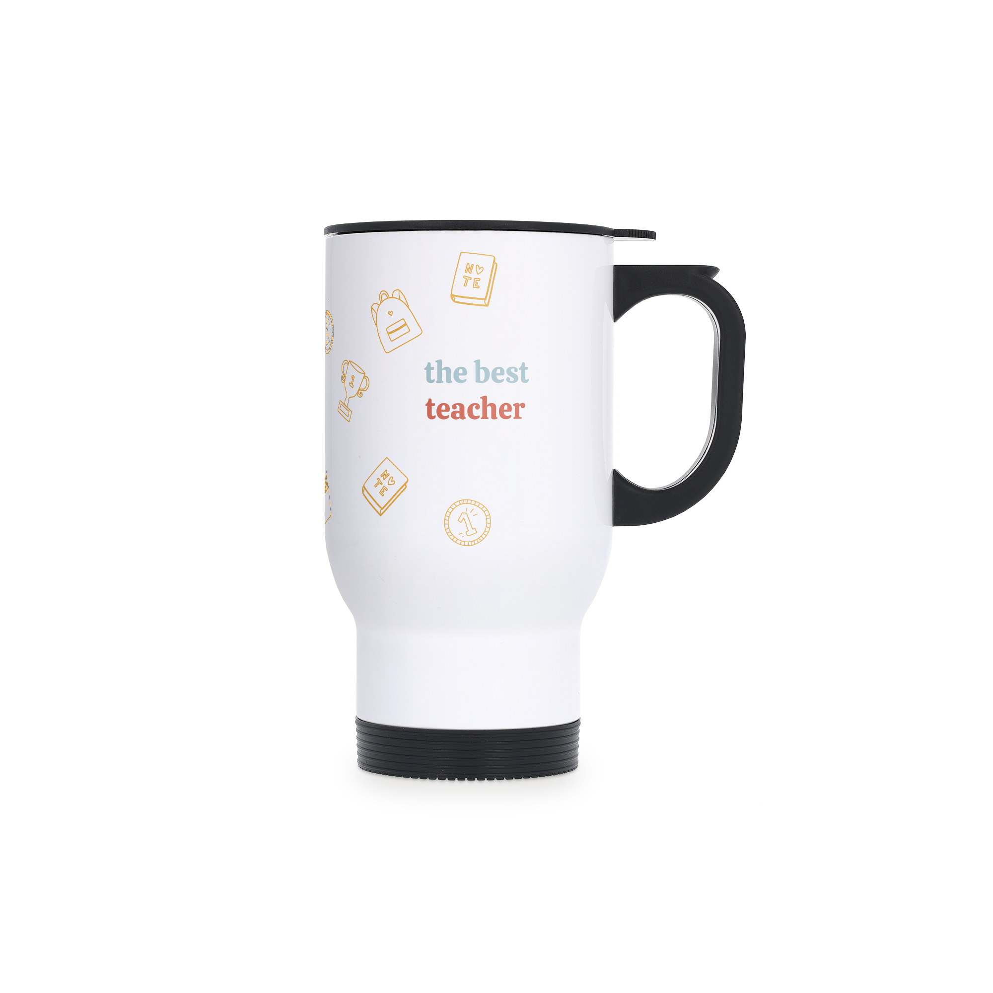 Tazza thermos personalizzata bianca con manico nero stampata con "the best teacher" e icone scolastiche. Trasforma ogni bevanda quotidiana con un tocco personalizzato.