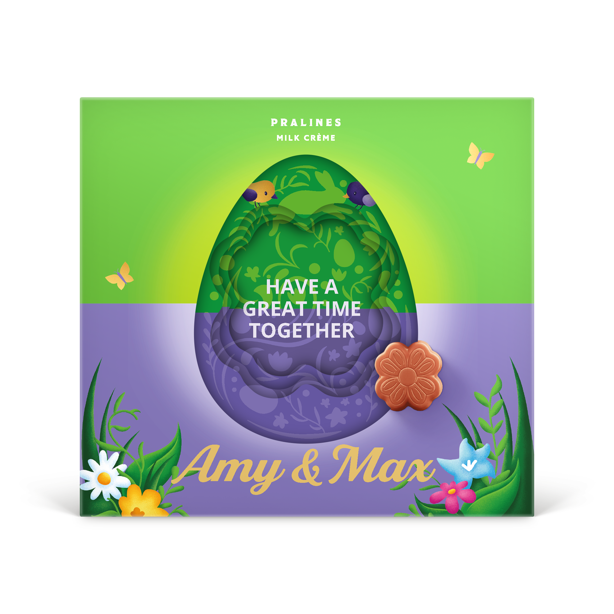 Milka 3D-s húsvéti díszdoboz Hozzon létre húsvéti varázslatot, Amy & Max felirattal és egyedi fényképpel.