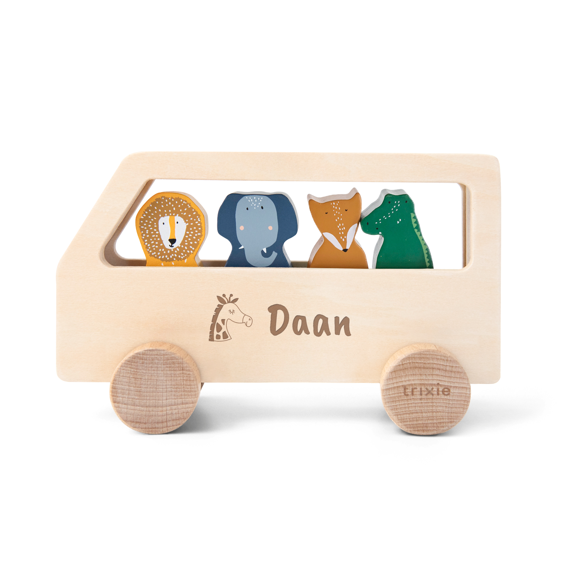 Houten dierenbus met leeuw, olifant, vos, krokodil, en de naam Daan gegraveerd voor urenlang speelplezier