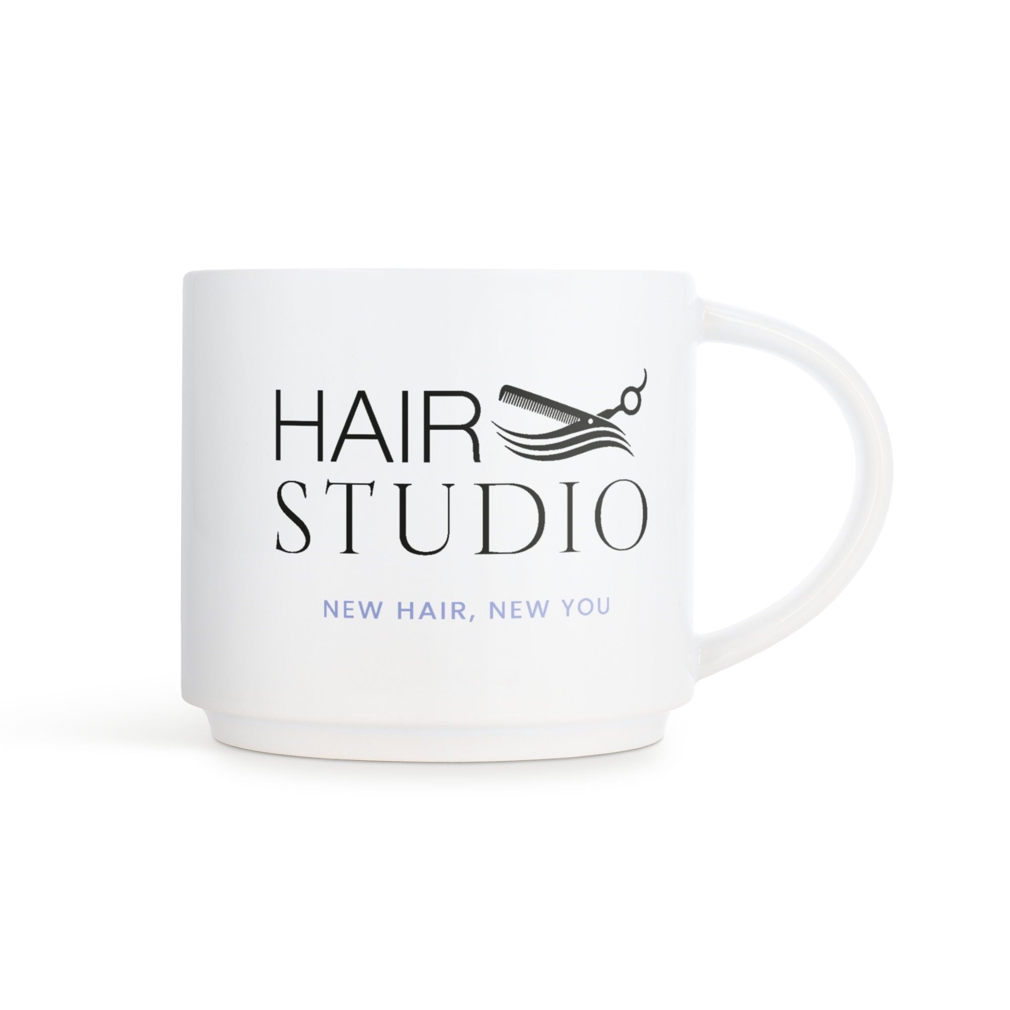 Een witte stapelbare fotomok met daarop een gedrukt logo van Hair Studio en de tekst "New Hair, New You".