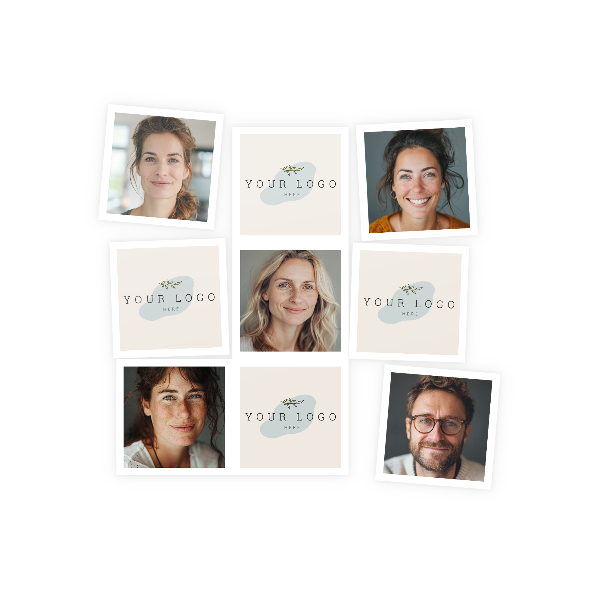 En collage af otte personlige foto magneter med dit eget design. Fire magneter viser ansigter, og fire har en "Your Logo Here" tekst.