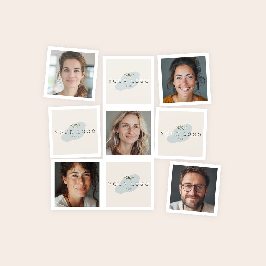 Magneter med billede - ark En collage af otte personlige foto magneter med dit eget design. Fire magneter viser ansigter, og fire har en "Your Logo Here" tekst.