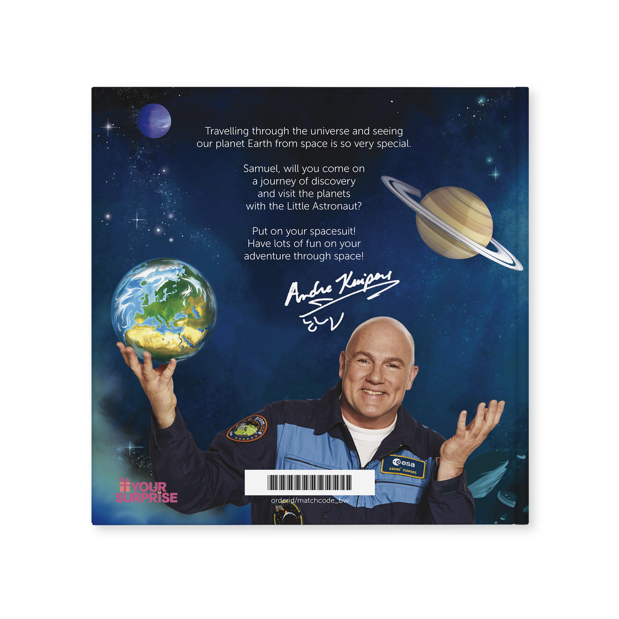 Personalised children's book The Little Astronaut XXL Hardcover with a child's name Samuel printed in the story, featuring astronaut André Kuipers.