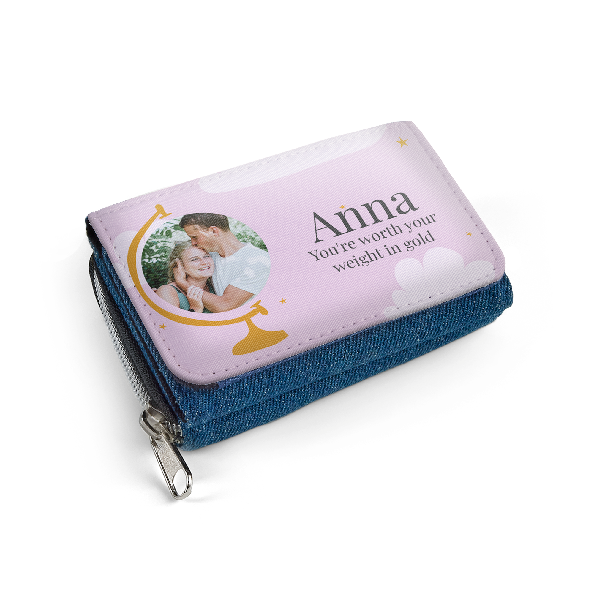 Pequena bolsa jeans personalizada com foto impressa de casal e nome Anna com texto "You're worth your weight in gold"