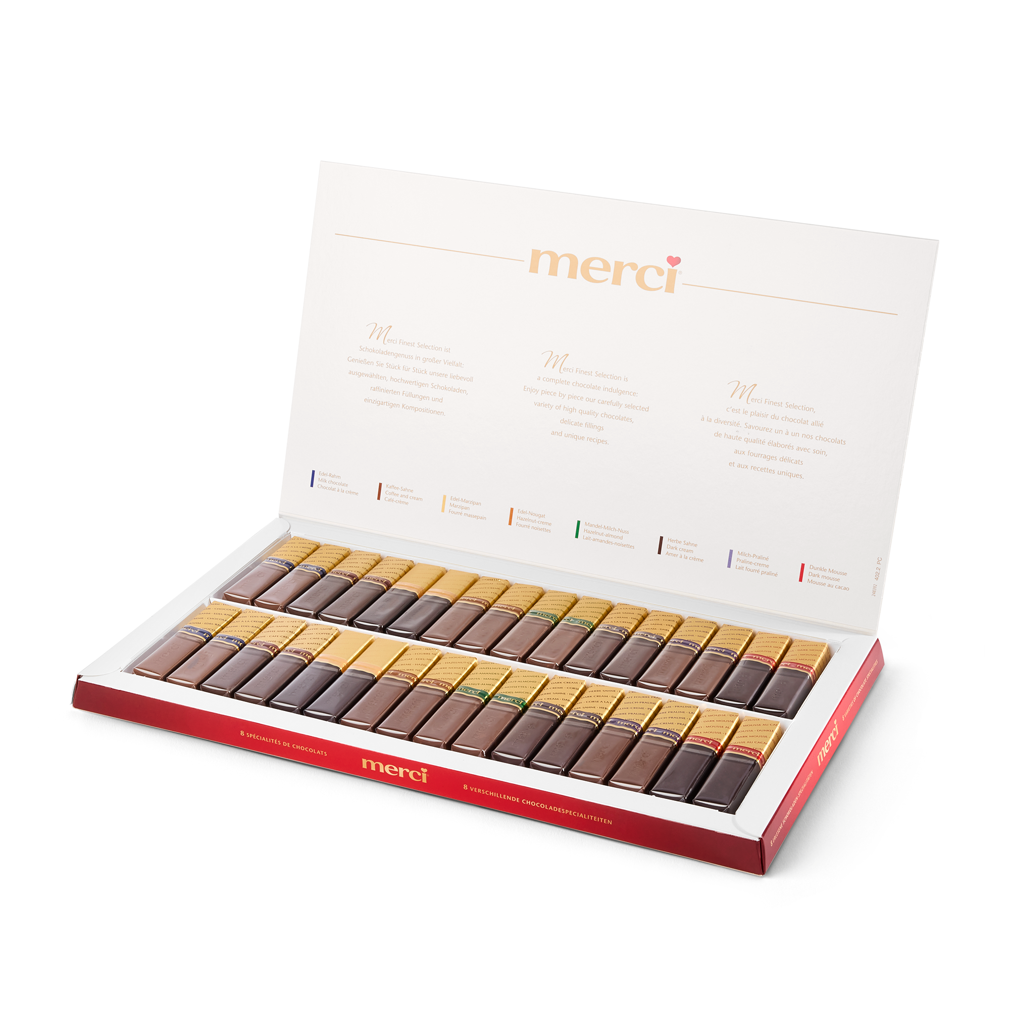 Cutie deschisă cu Ciocolata Merci cu card personalizat - 400 grame, o selecție variată de praline individuale.