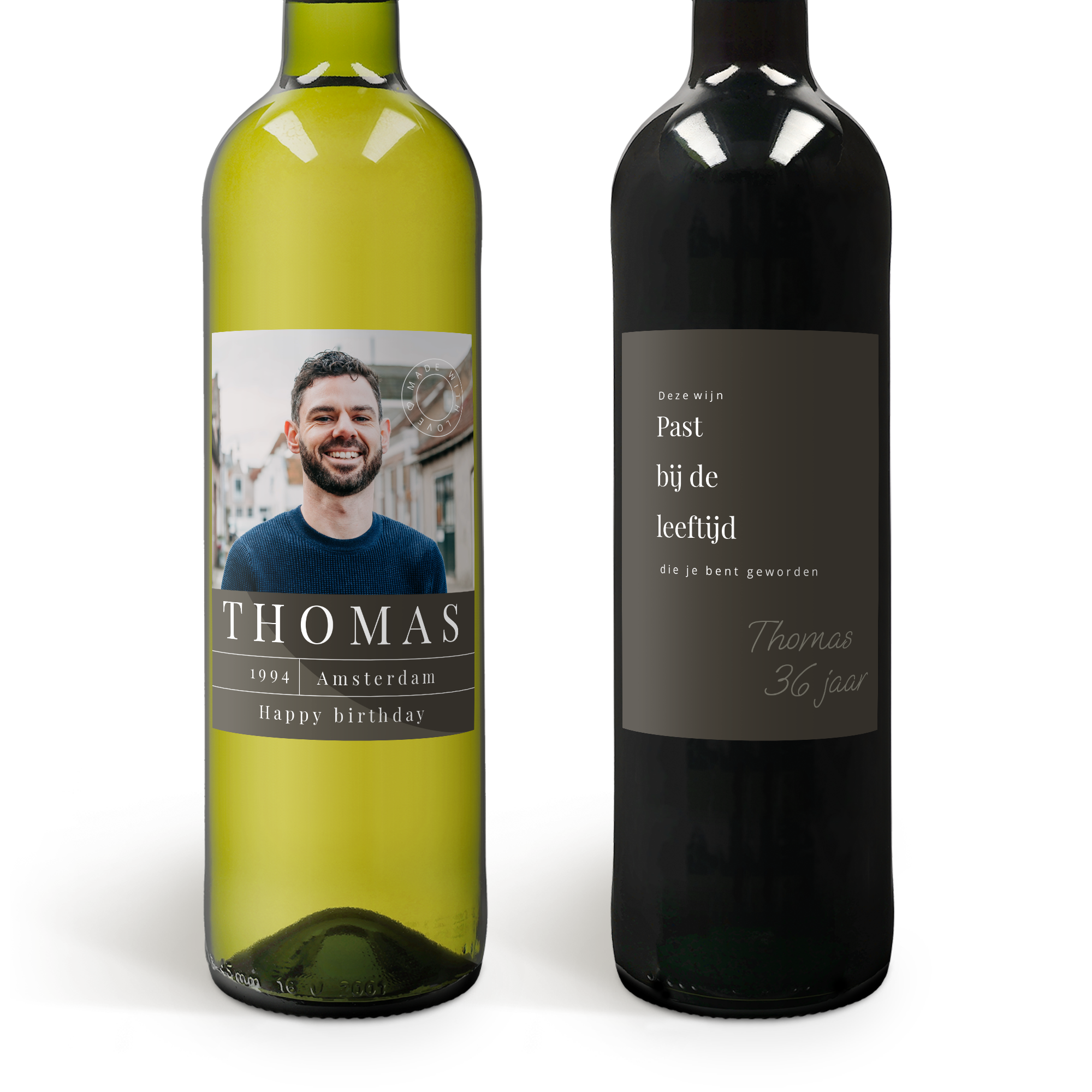 Maison de la Surprise wijnpakket met witte en rode wijn, gepersonaliseerd met foto en tekst voor Thomas.