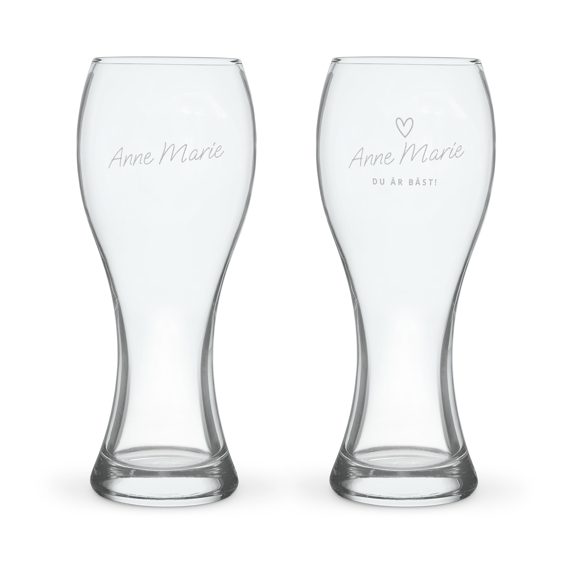 To inngraverte ølglass i Royal Leerdam-design med navnet Anne Marie. Ett glass har teksten Du er best! og et hjerte.