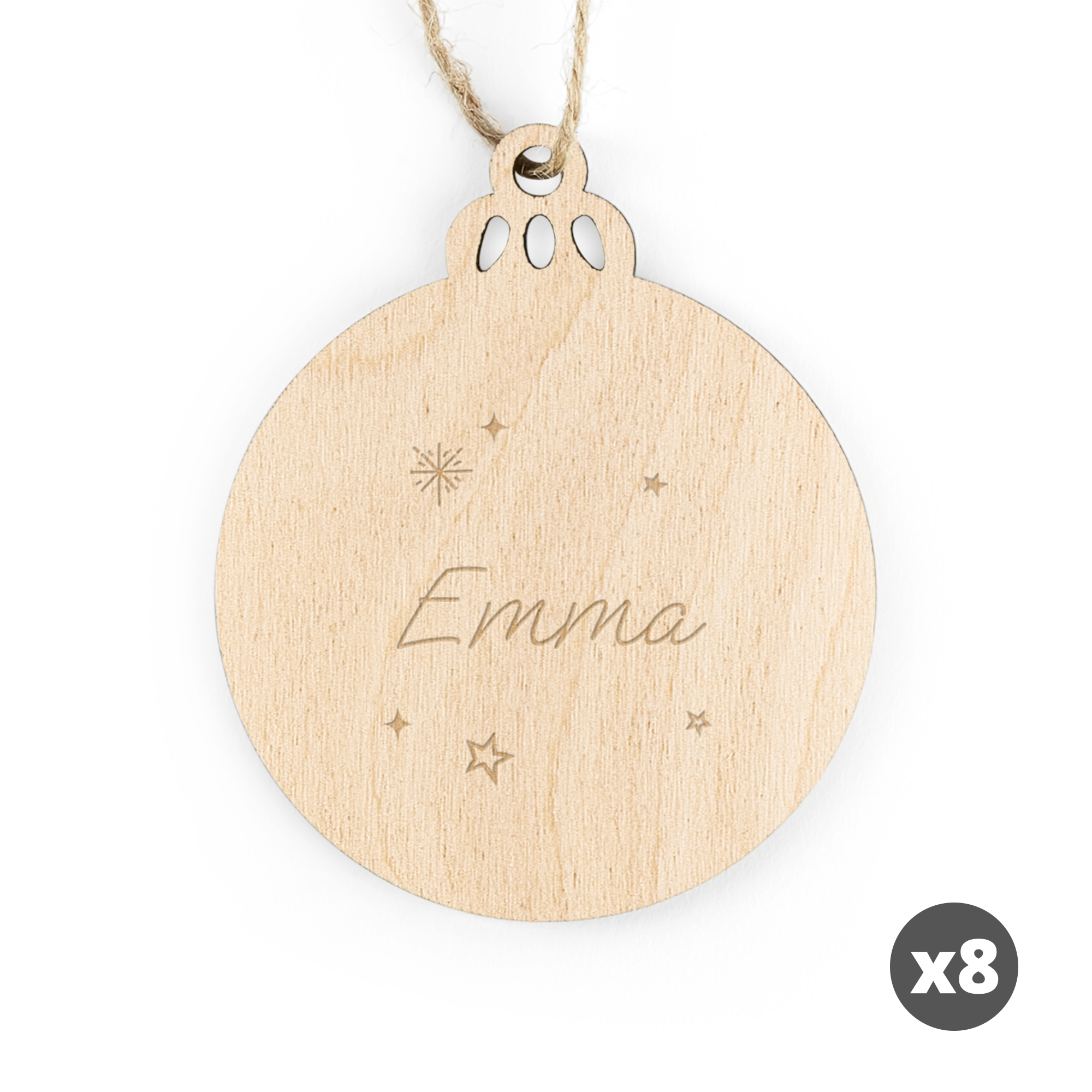 Engraved wooden Christmas circle decoration with the name Emma, stars, and snowflakes