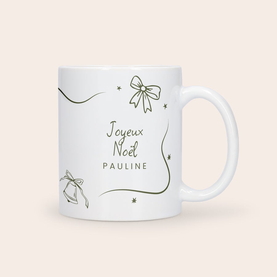Mug avec photo Mug avec photo blanc personnalisé Joyeux Noël Pauline avec motifs de rubans et clochettes