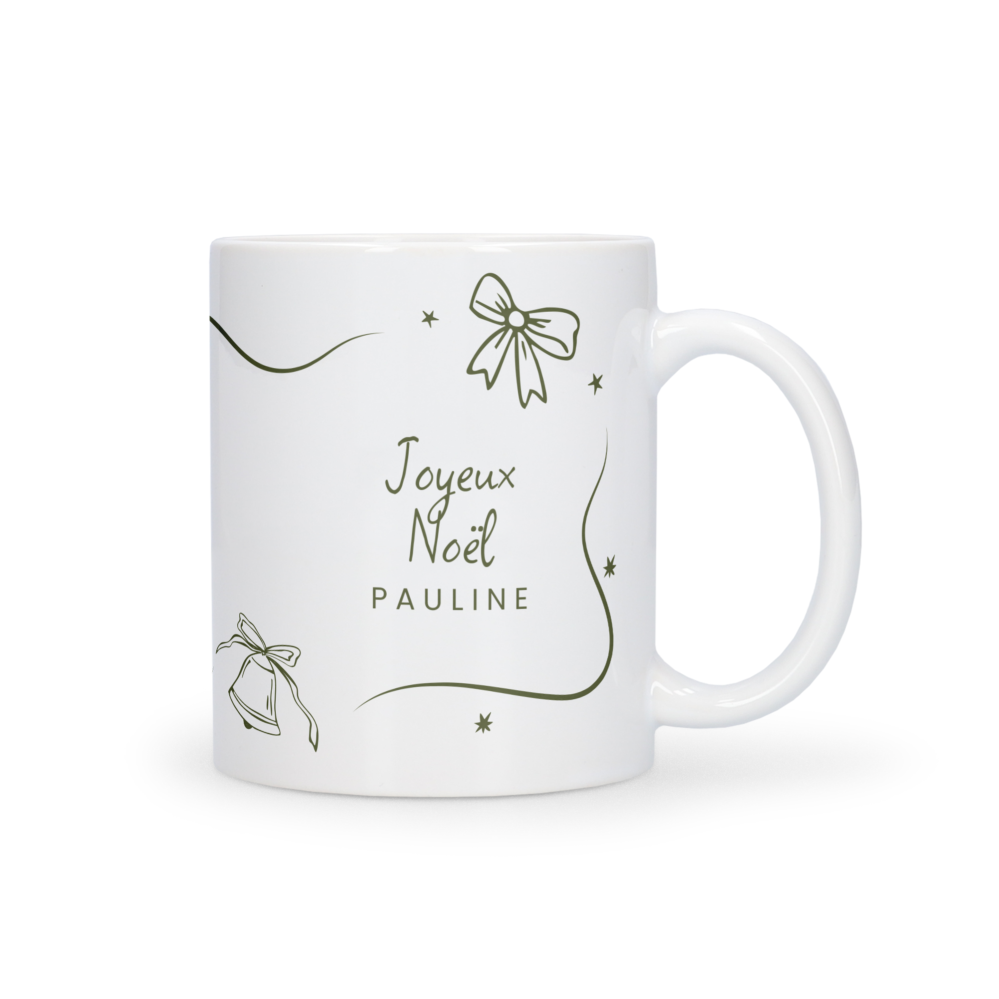 Mug avec photo blanc personnalisé Joyeux Noël Pauline avec motifs de rubans et clochettes