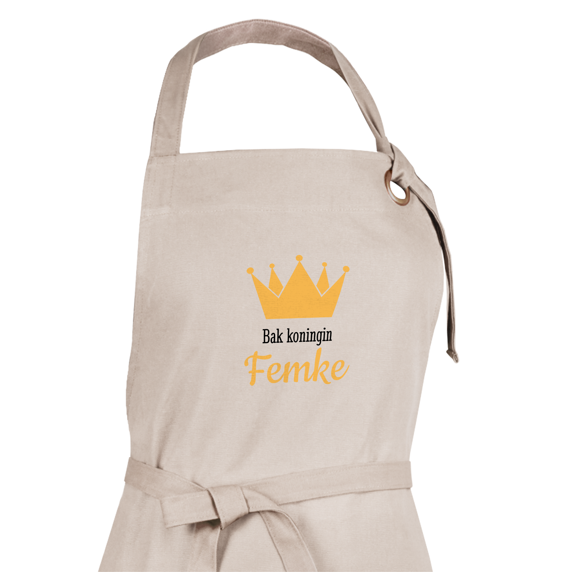 Lichtbeige keukenschort met een goudkleurige kroon en de bedrukte tekst 'Bak koningin Femke'