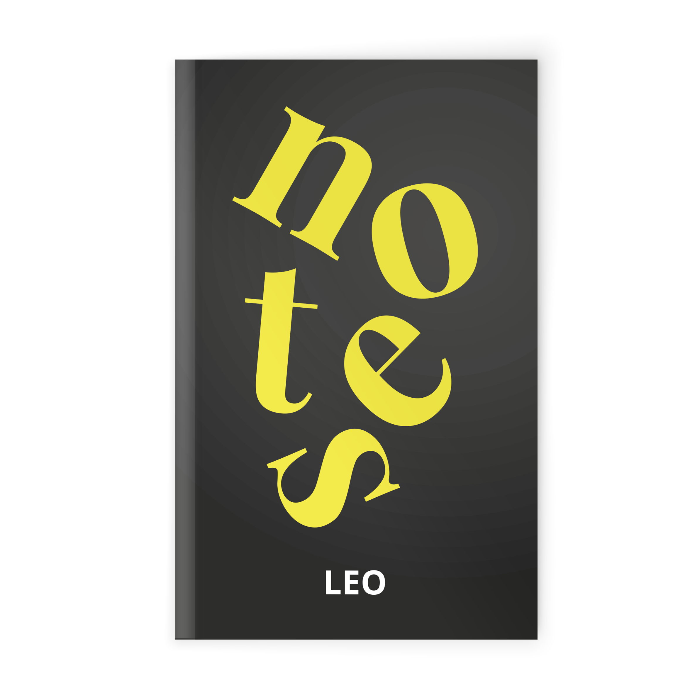 Personalised black notebook printed with the text notes in yellow and the name LEO