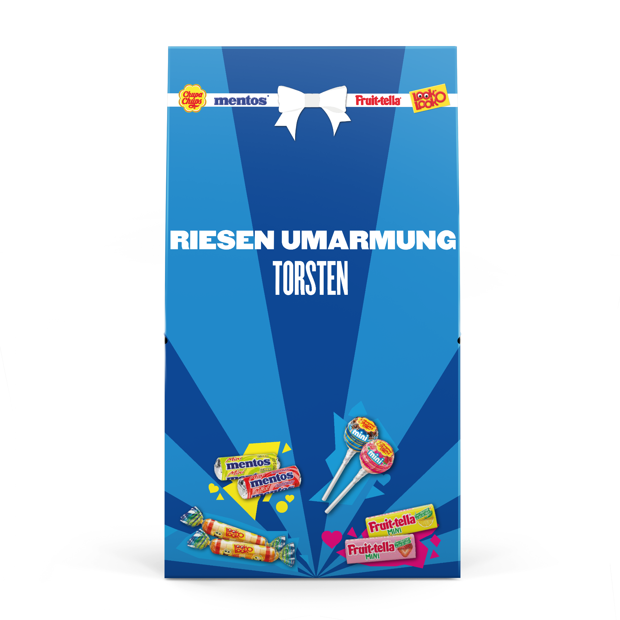 Personalisierte Fruit-Tella-Bonbonmischung, bedruckt mit dem Namen TORSTEN und dem Text RIESEN UMARMUNG auf blauer Verpackung.