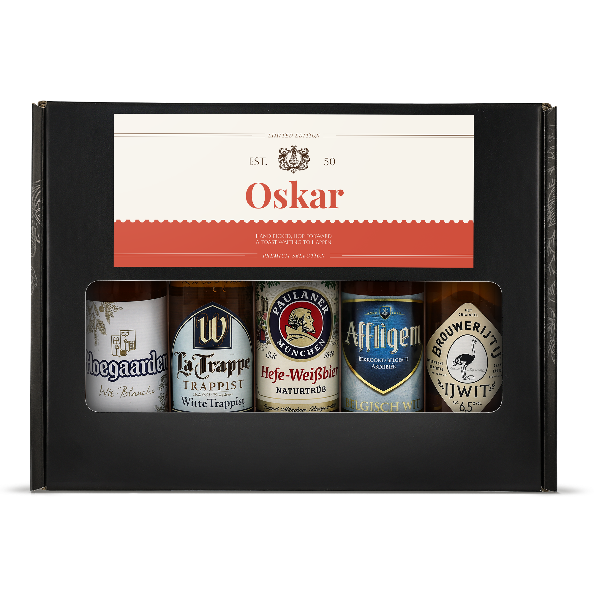 Bier Geschenkset personalisieren - Weizen mit 5 verschiedenen Bieren und personalisierter Box, auf der der Name Oskar und "Limited Edition" gedruckt sind.