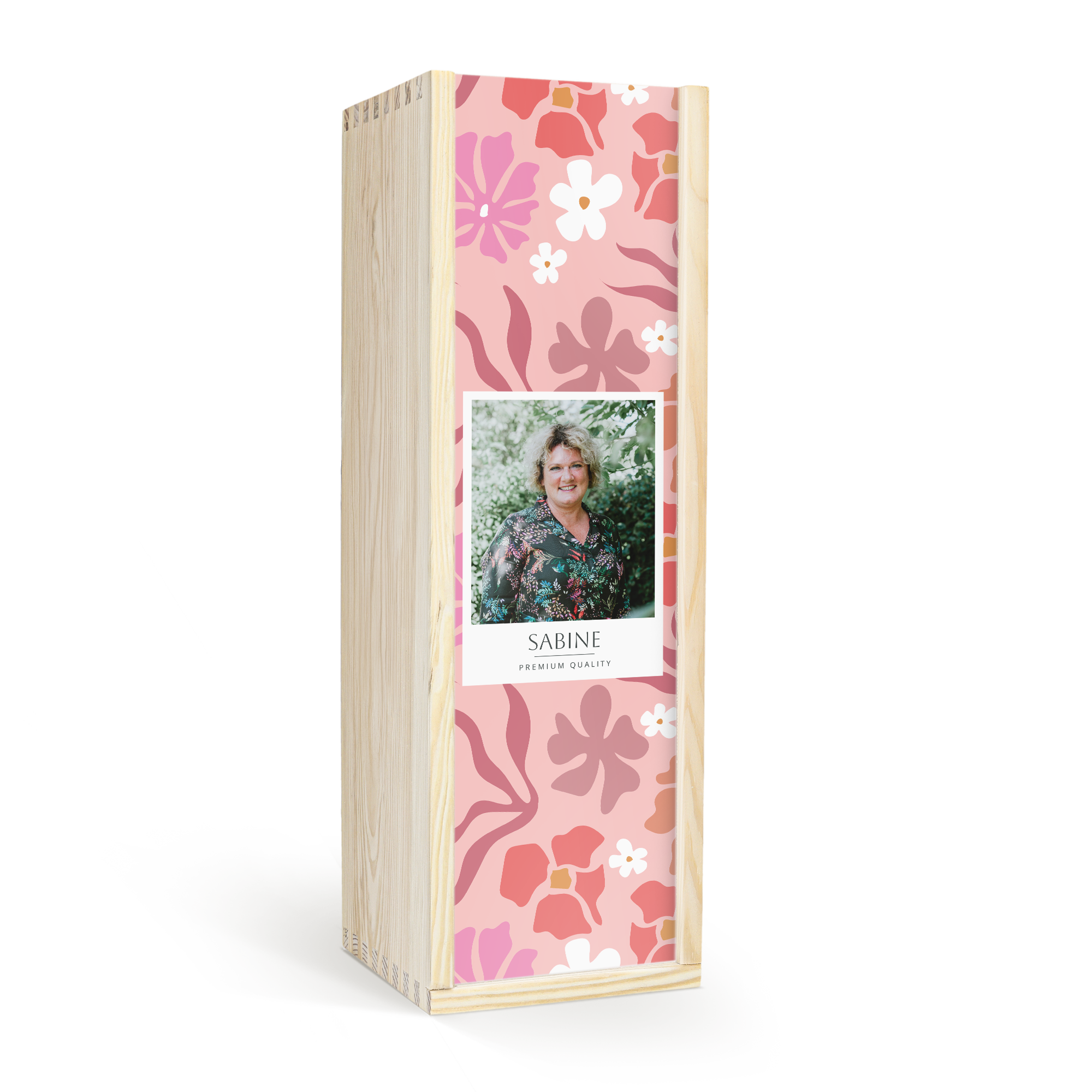 Coffret en bois personnalisée pour Porto avec photo et le nom Sabine, imprimé d'un motif floral rose