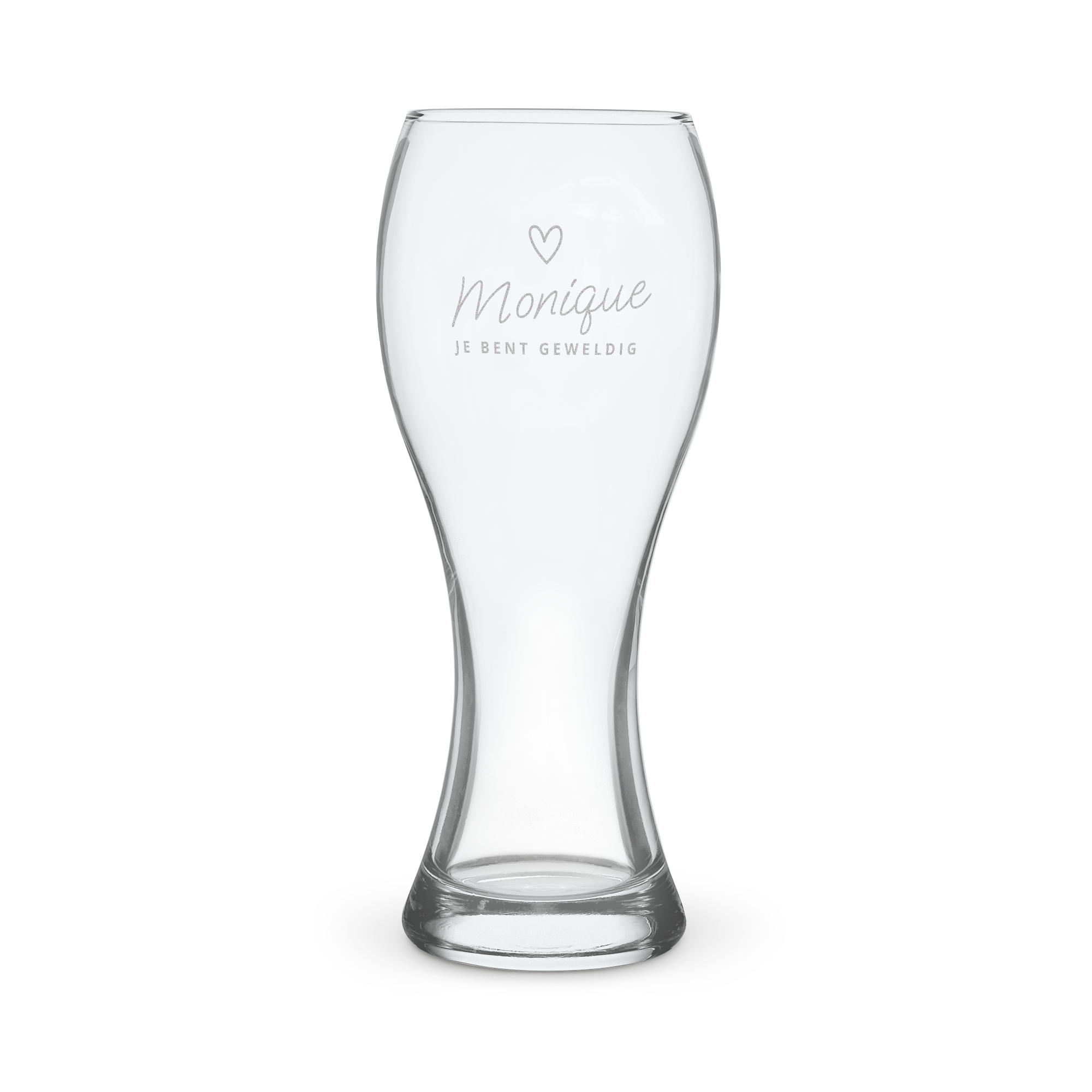 Gegraveerd bierglas met een hartje, naam 'Monique' en de tekst 'Je bent geweldig'. Schenk jouw favoriete biertje in dit speciale bierglas!