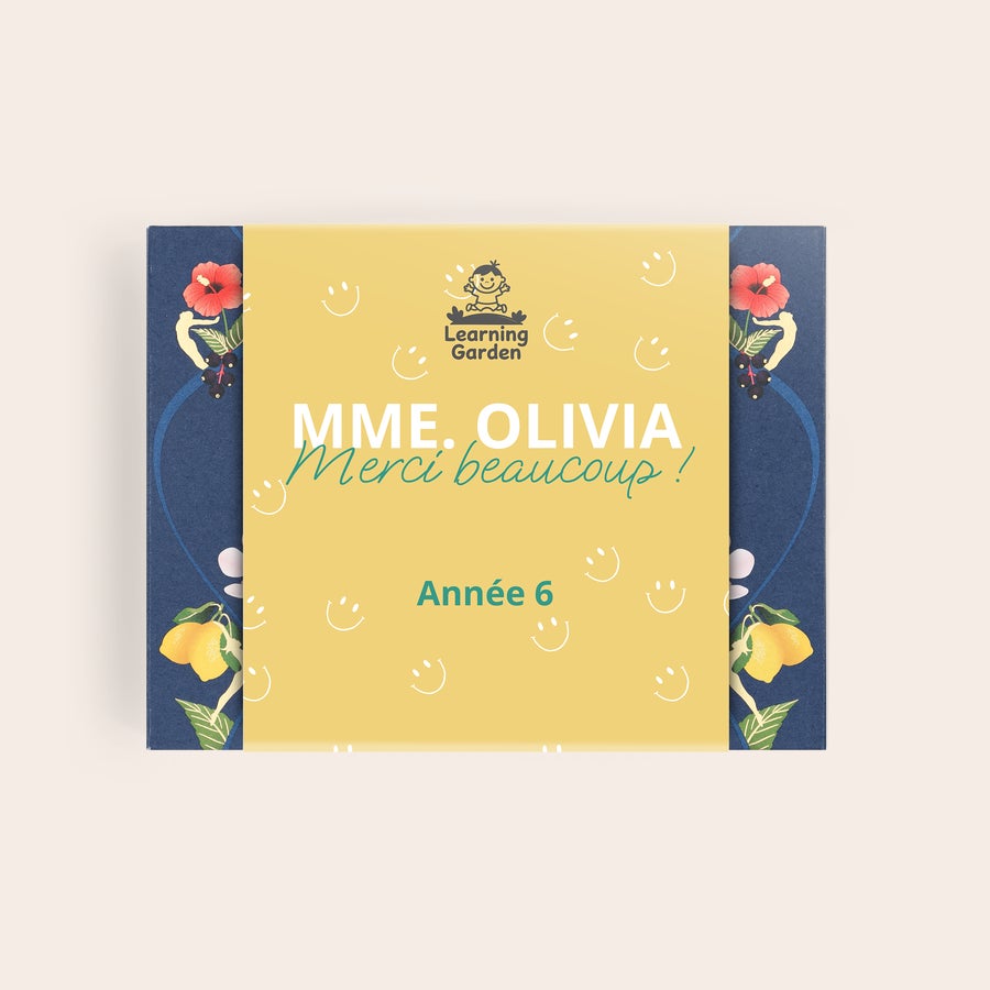 Thé Pukka personnalisé Boîte à thé personnalisée bleu marine avec étiquette jaune Mme Olivia Merci beaucoup Année 6