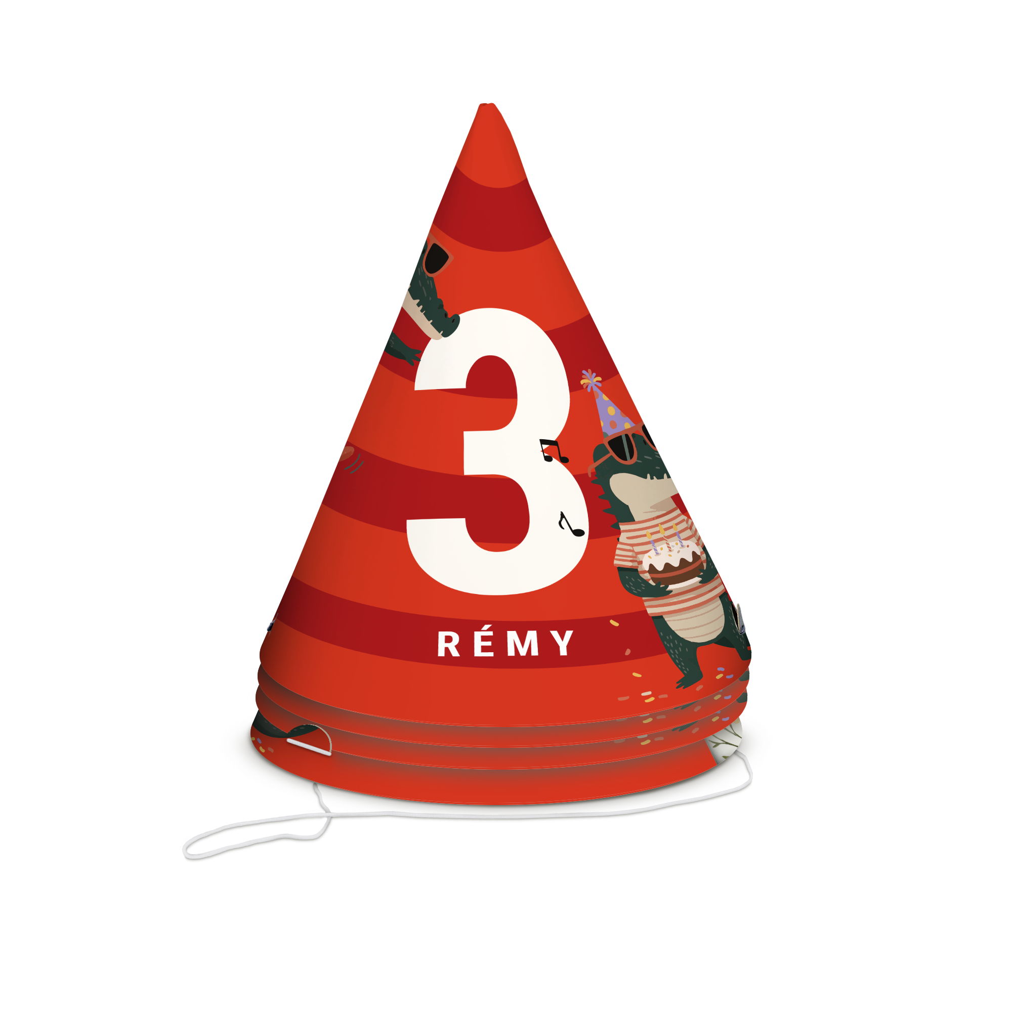Chapeau de fête rouge personnalisé avec un 3 et le prénom Rémy, imprimé avec des alligators