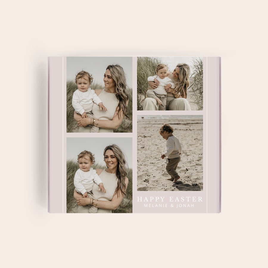 Milka pralineji Velika noč Personalizirana darilna škatla Milka z natisnjenimi štirimi družinskimi fotografijami in napisom Happy Easter Melanie & Jonah