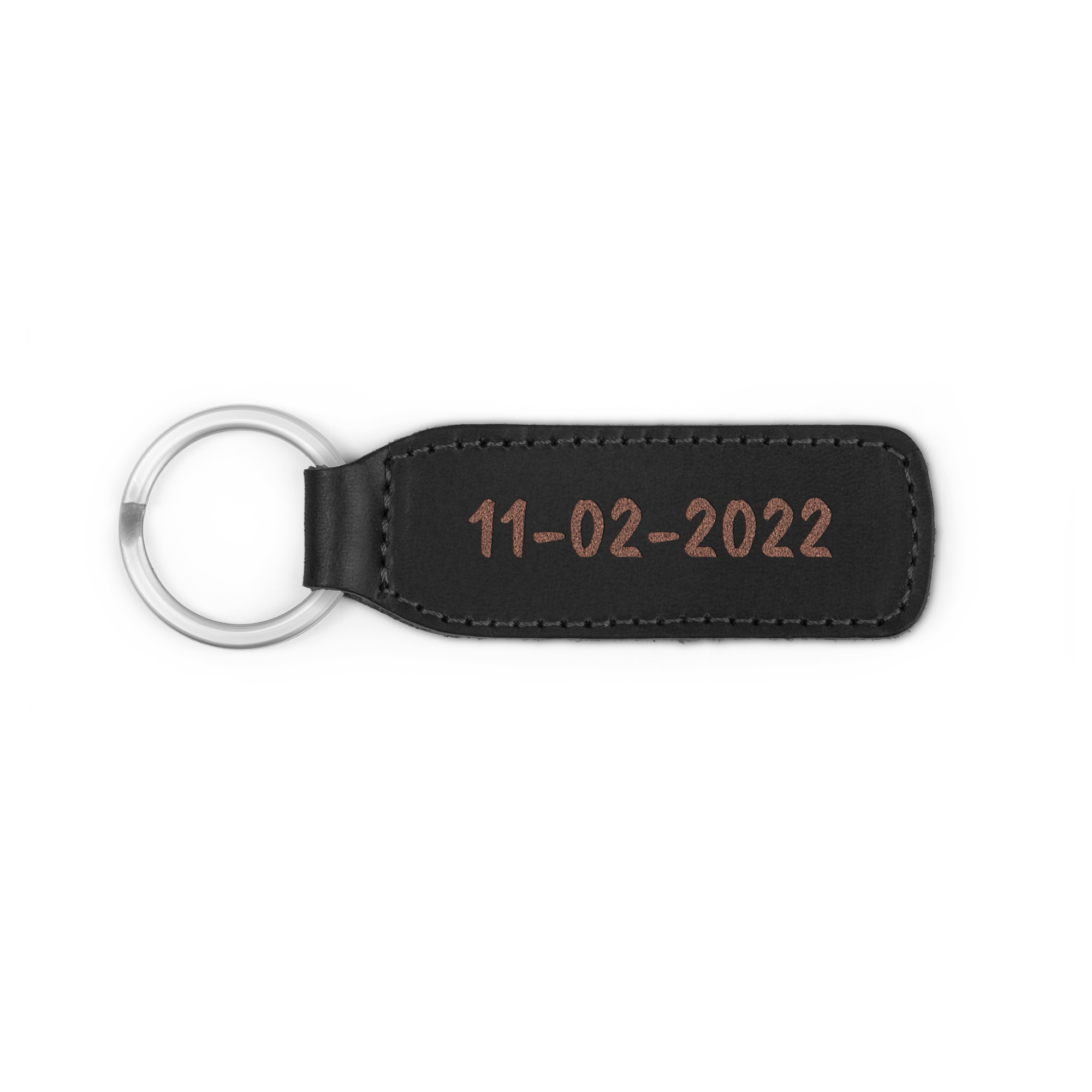 Porte-clé en cuir noir avec date 11-02-2022 gravée au laser