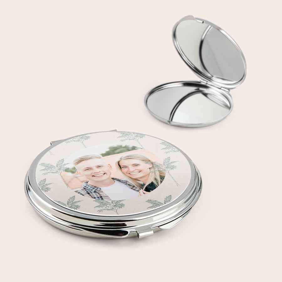 Personalizowane lusterko do makijażu Okrągłe srebrne lusterko do makijażu z nadrukiem zdjęcia pary i wzorem palm jako niepowtarzalny prezent