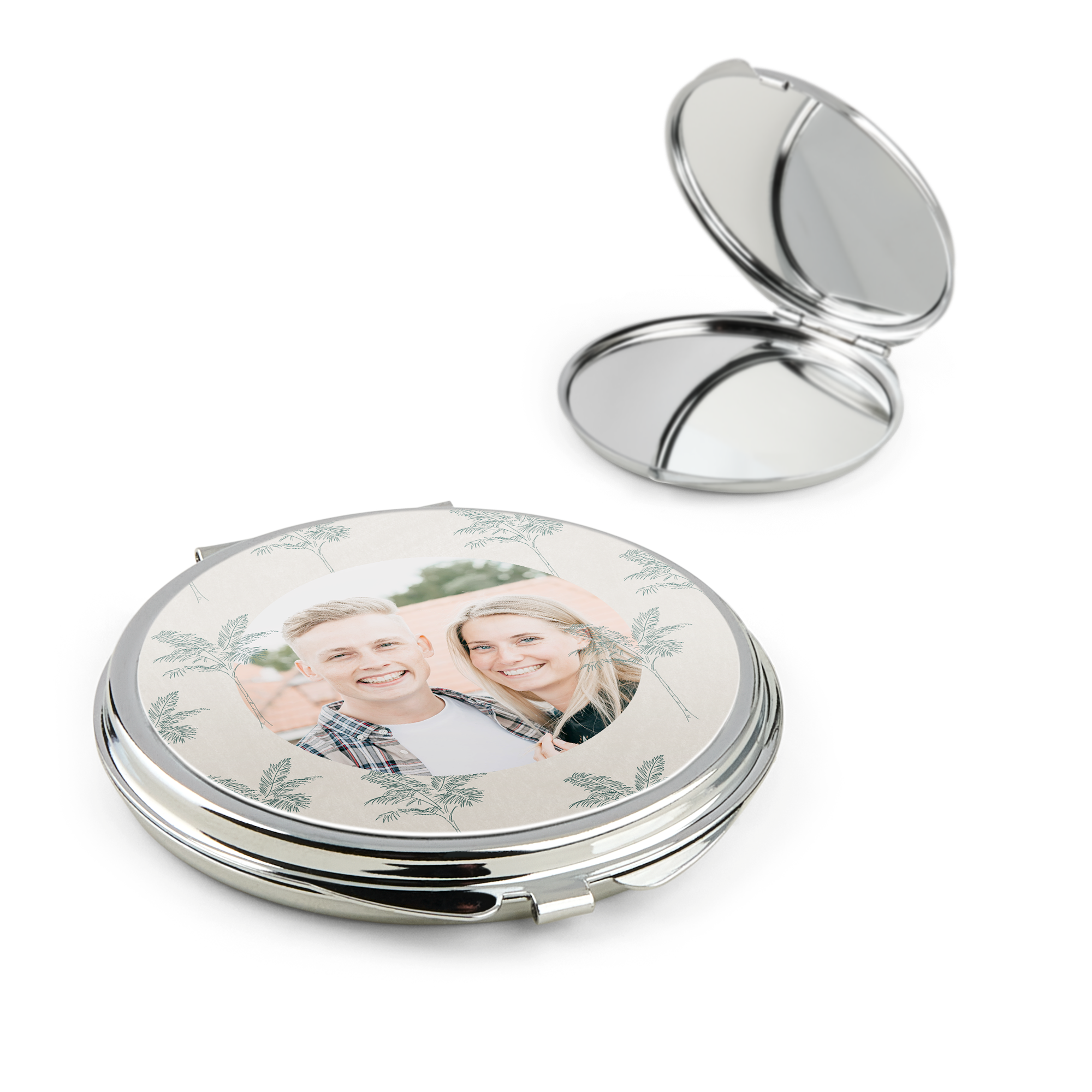 Rundt make-up spejl i krom med et par trykt på toppen, en unik overraskelse med dit billede som gave.